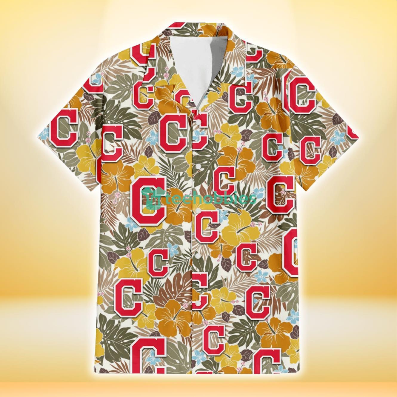 Cleveland Indians Brown Yellow Hibiscus White Background 3D Hawaiian Shirt Gift For Fans Product Photo 2