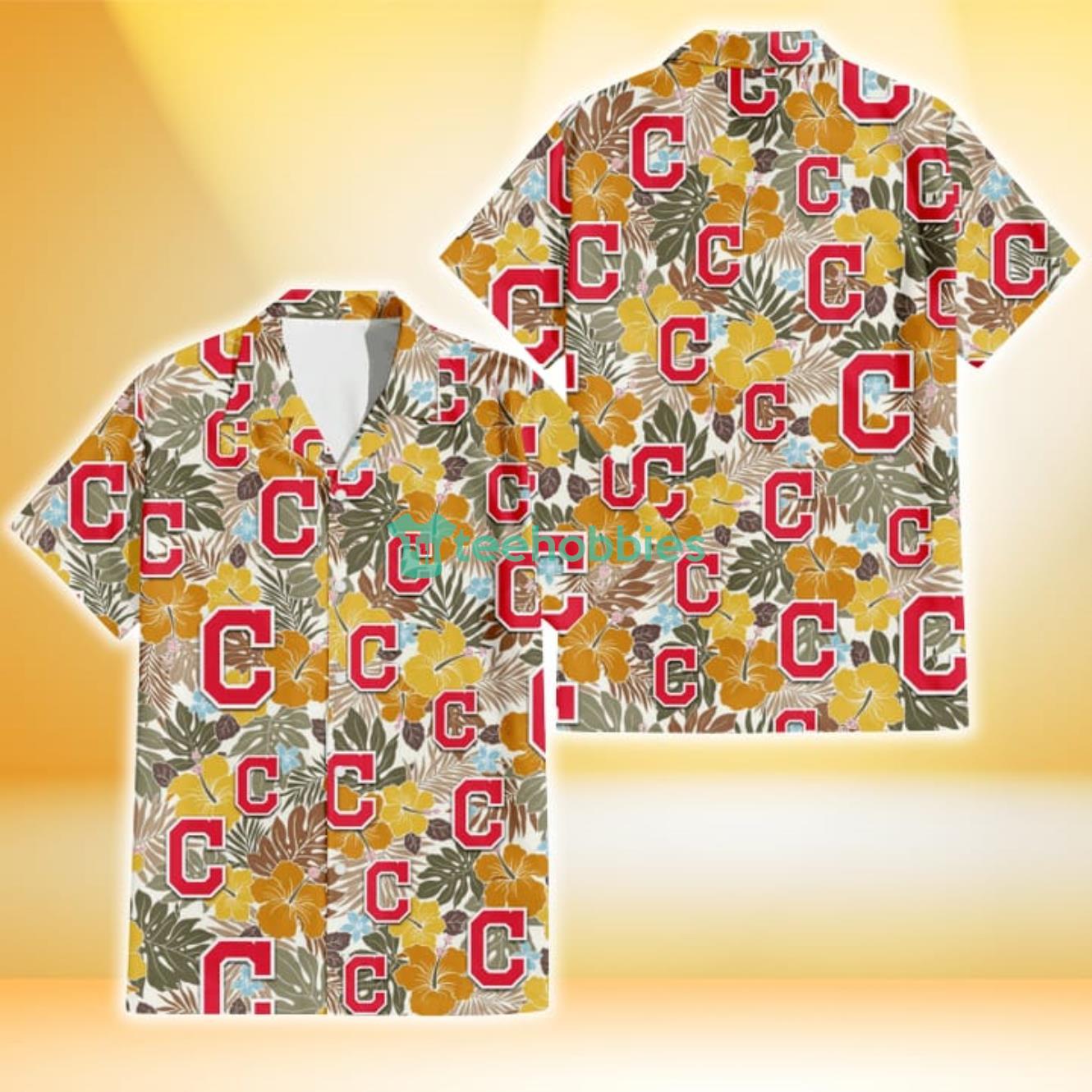 Cleveland Indians Brown Yellow Hibiscus White Background 3D Hawaiian Shirt Gift For Fans Product Photo 1