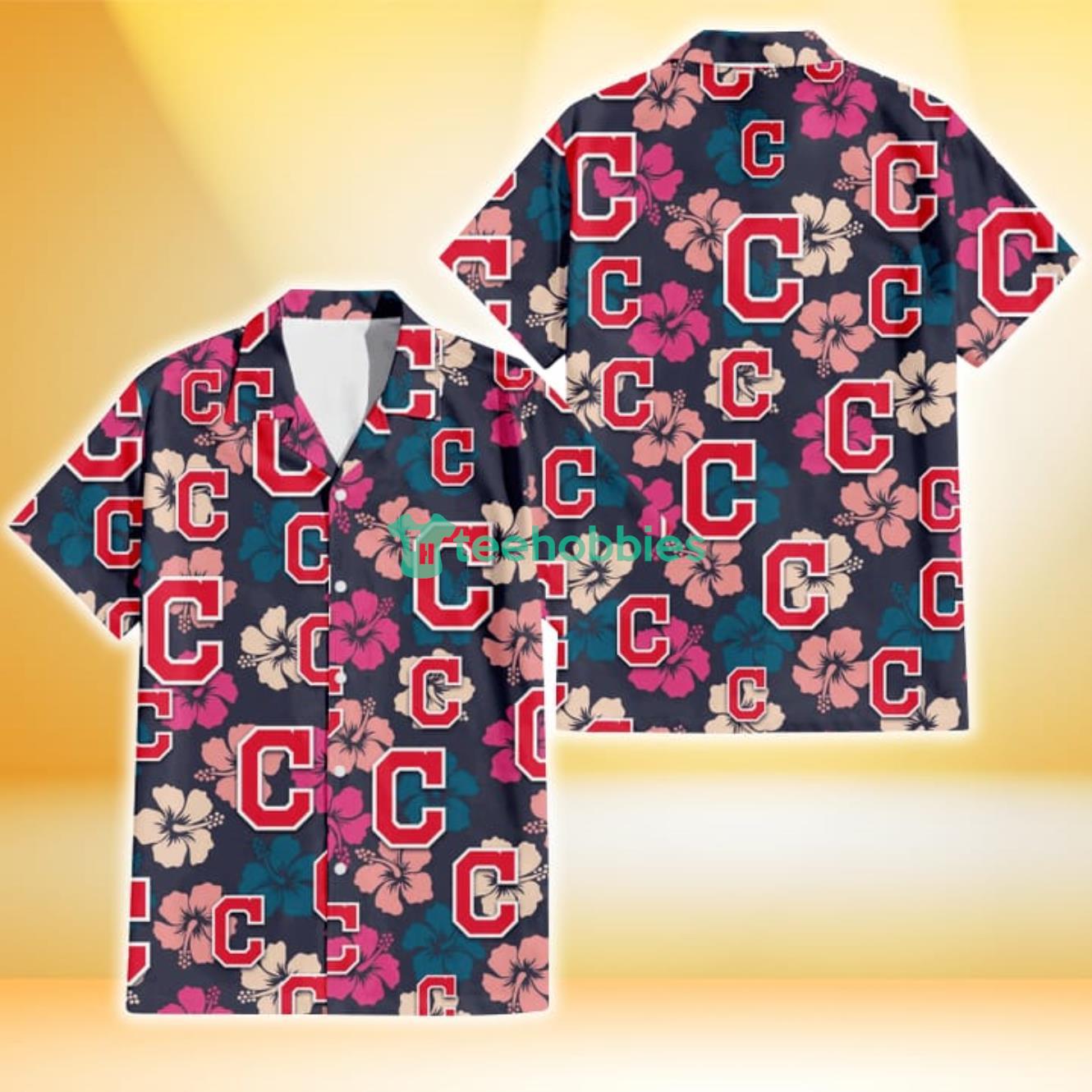 Cleveland Indians Colorful Hibiscus Black Background 3D Hawaiian Shirt Gift For Fans Product Photo 1
