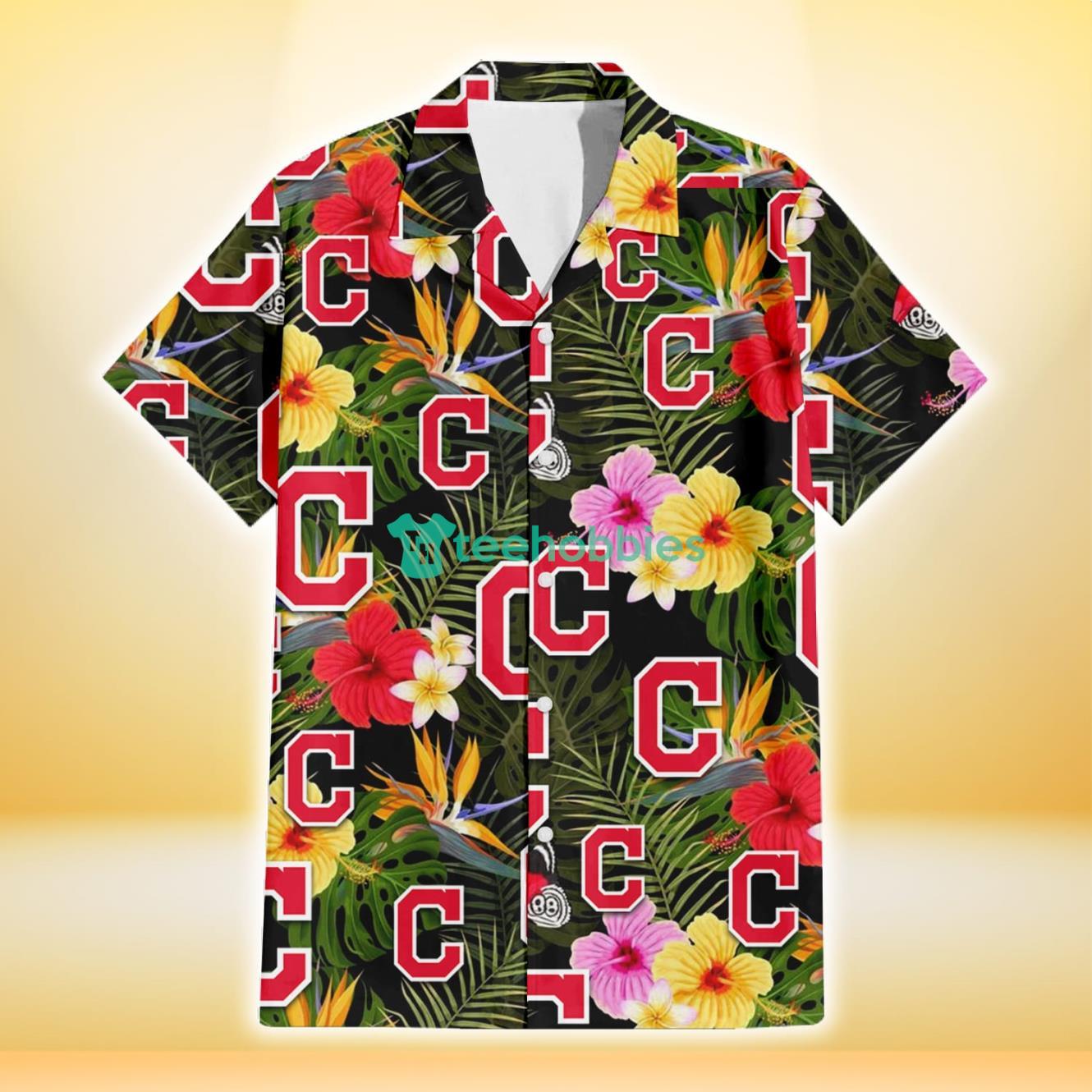 Cleveland Indians Colorful Hibiscus Green Leaf Back Background 3D Hawaiian Shirt Gift For Fans Product Photo 2