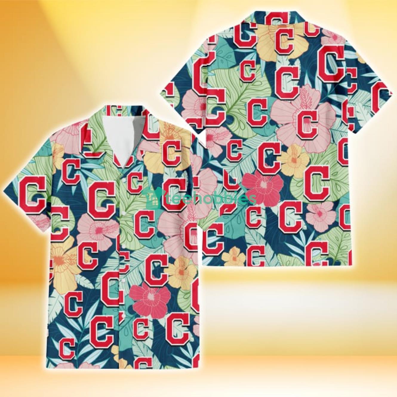 Cleveland Indians Colorful Sketch Hibiscus Dark Green Background 3D Hawaiian Shirt Gift For Fans Product Photo 1