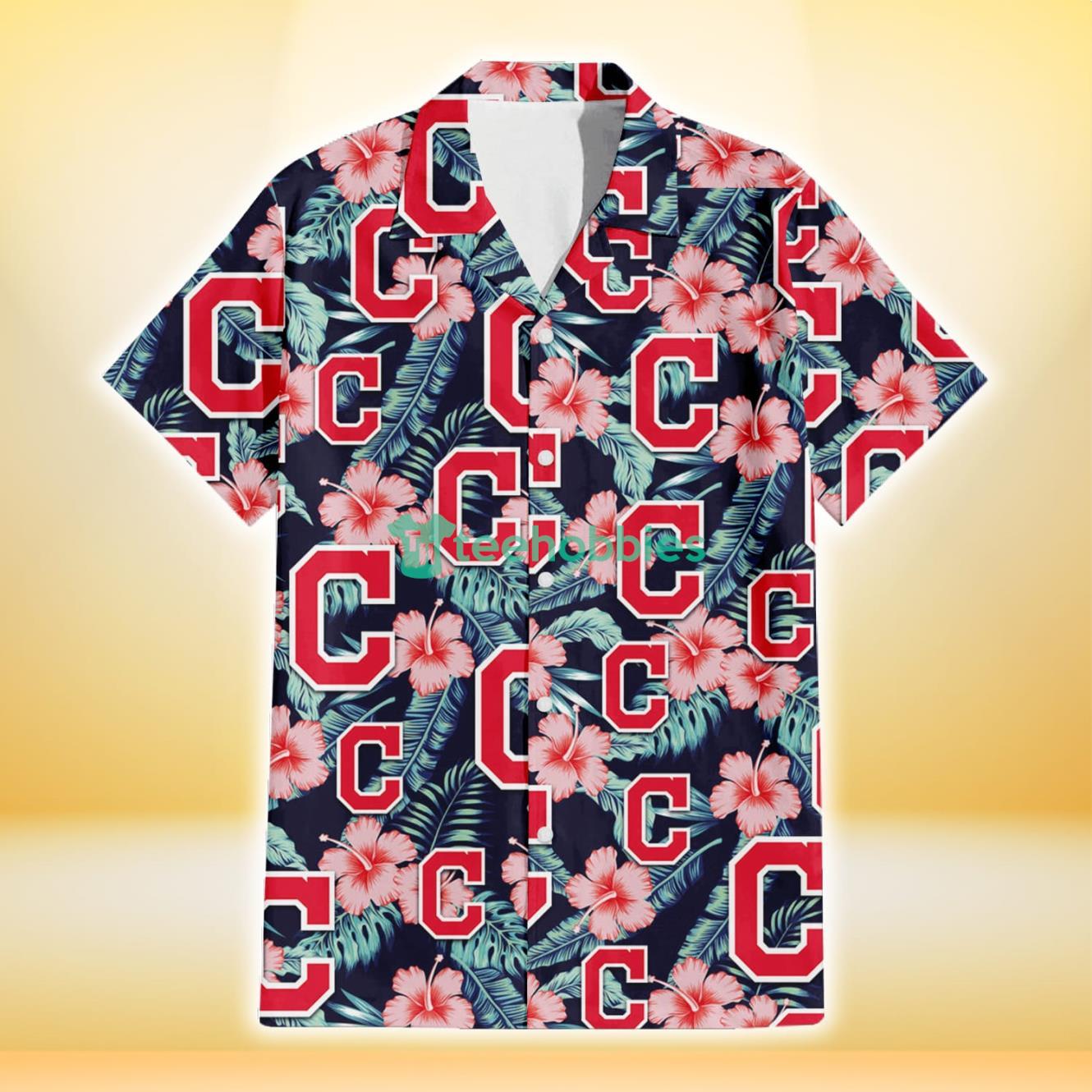 Cleveland Indians Coral Hibiscus Green Banana Leaf Black Background 3D Hawaiian Shirt Gift For Fans Product Photo 2