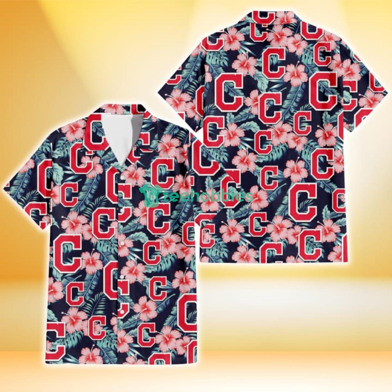 Cleveland Indians Coral Hibiscus Green Banana Leaf Black Background 3D Hawaiian Shirt Gift For Fans Product Photo 1