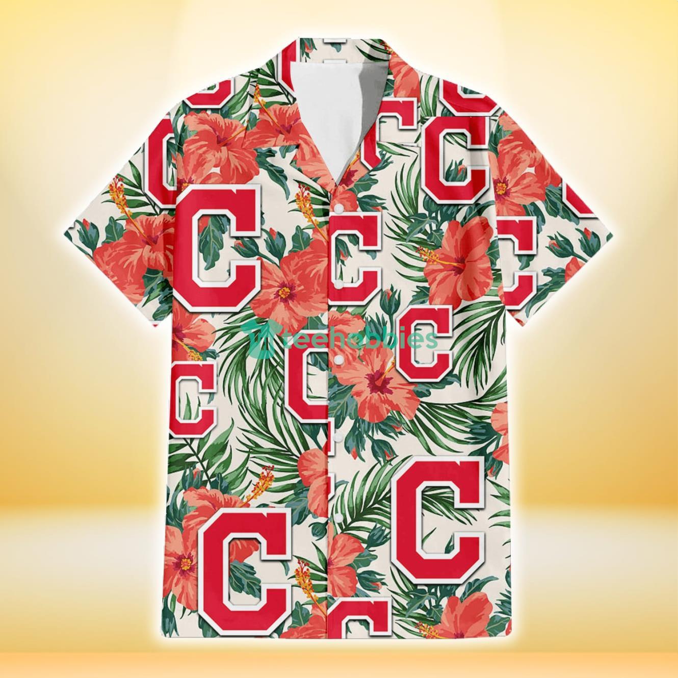 Cleveland Indians Coral Hibiscus Green Leaf Beige Background 3D Hawaiian Shirt Gift For Fans Product Photo 2