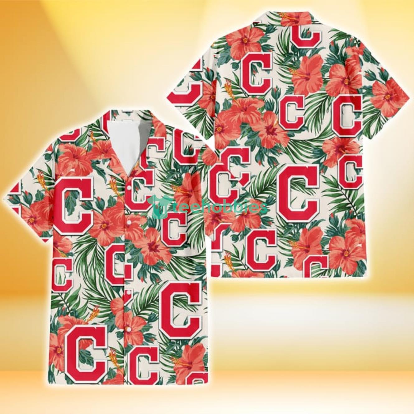 Cleveland Indians Coral Hibiscus Green Leaf Beige Background 3D Hawaiian Shirt Gift For Fans Product Photo 1
