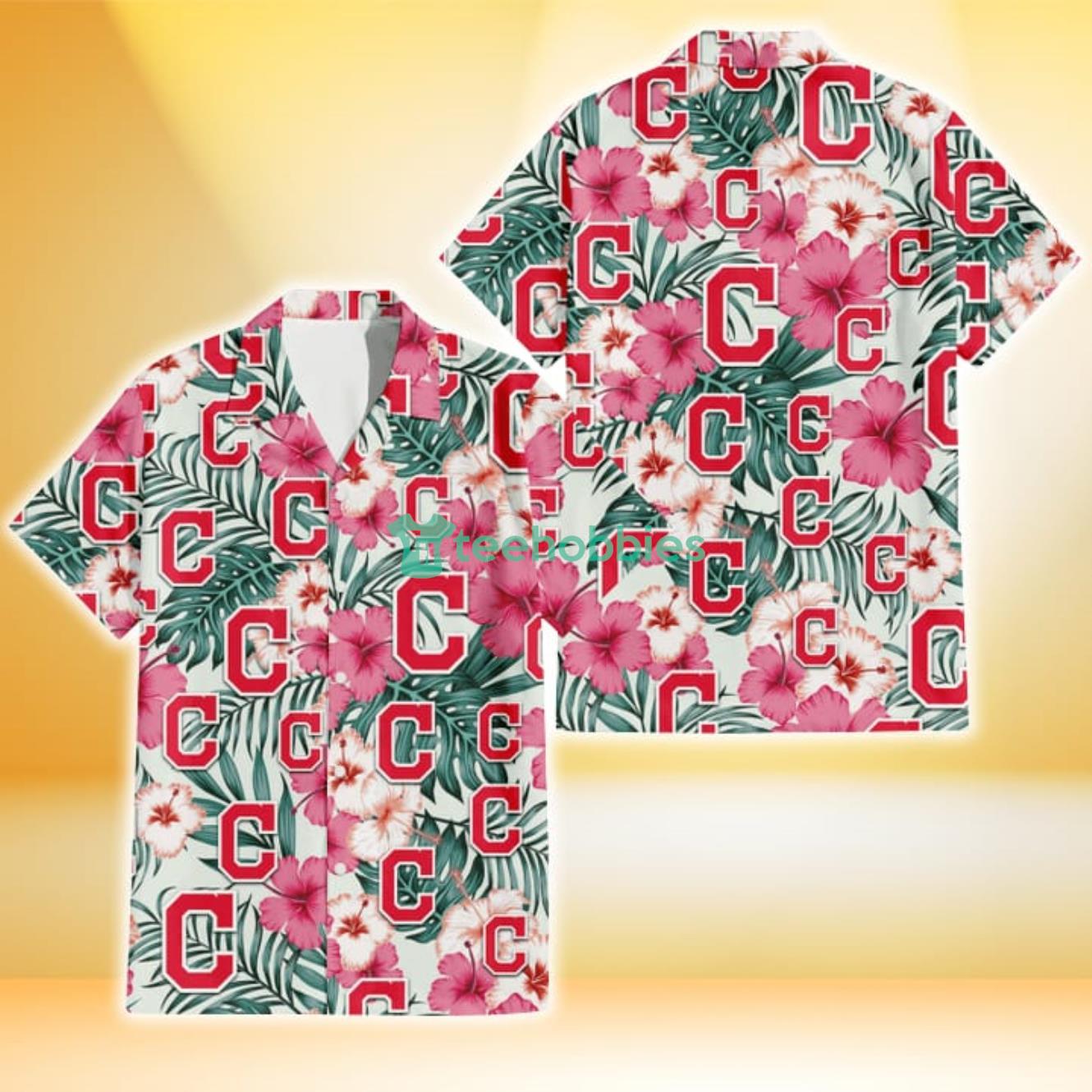 Cleveland Indians Coral Pink Hibiscus Green Leaf Beige Background 3D Hawaiian Shirt Gift For Fans Product Photo 1
