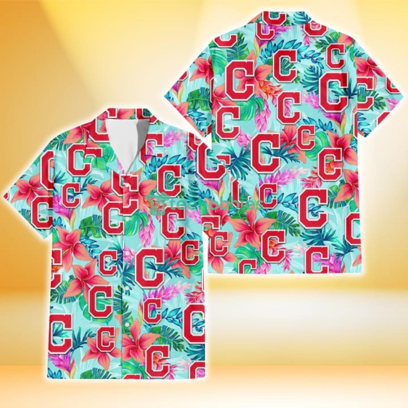 Cleveland Indians Coral Porcelain Flower Violet Orchid Light Blue Background 3D Hawaiian Shirt Gift For Fans Product Photo 1