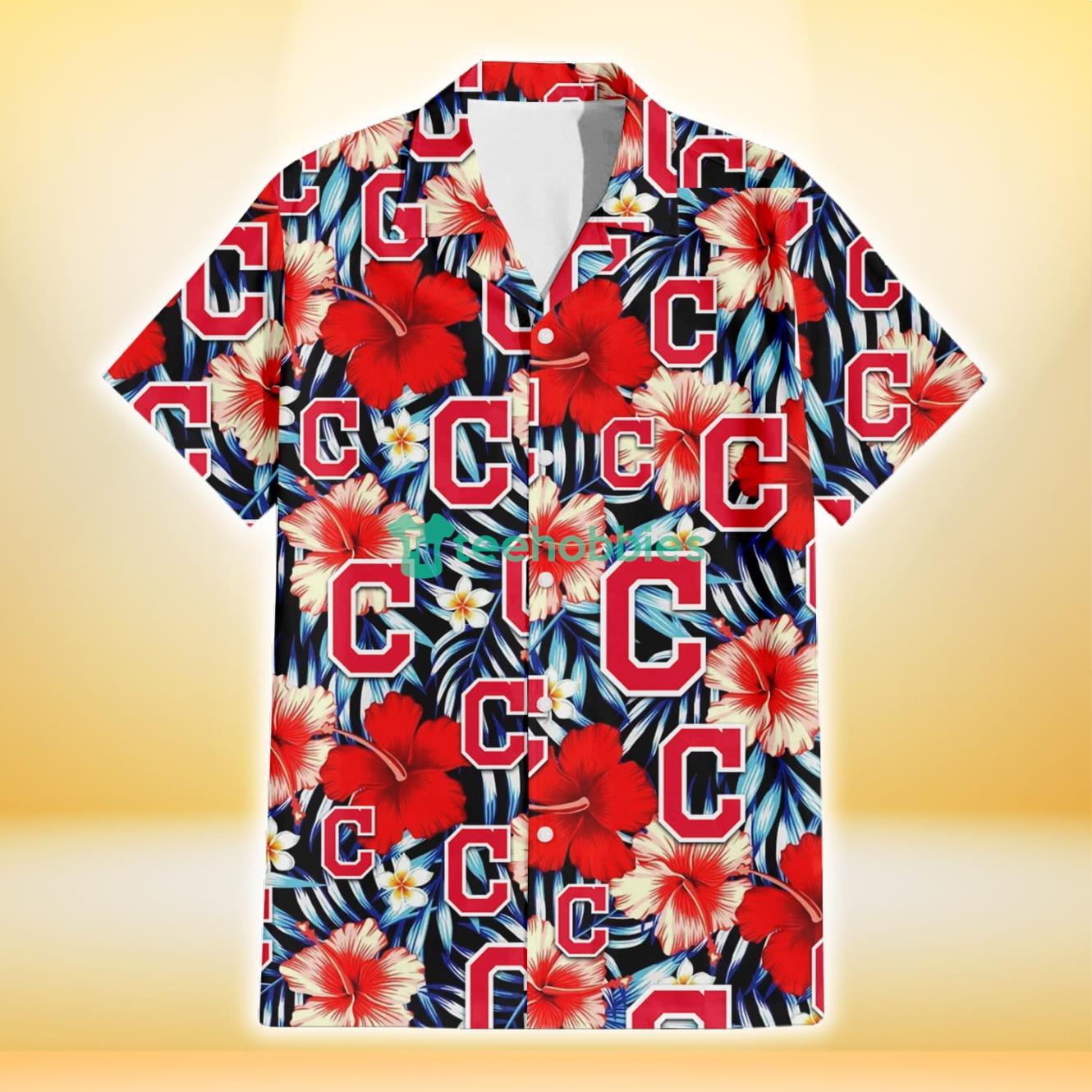 Cleveland Indians Coral Red Hibiscus Blue Palm Leaf Black Background 3D Hawaiian Shirt Gift For Fans Product Photo 2