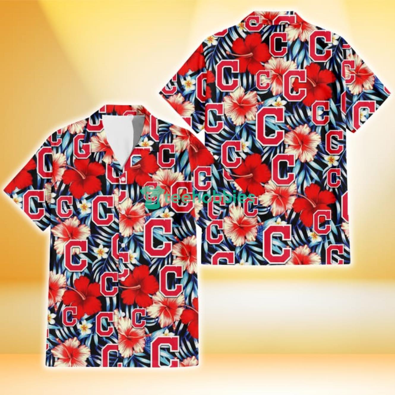 Cleveland Indians Coral Red Hibiscus Blue Palm Leaf Black Background 3D Hawaiian Shirt Gift For Fans Product Photo 1