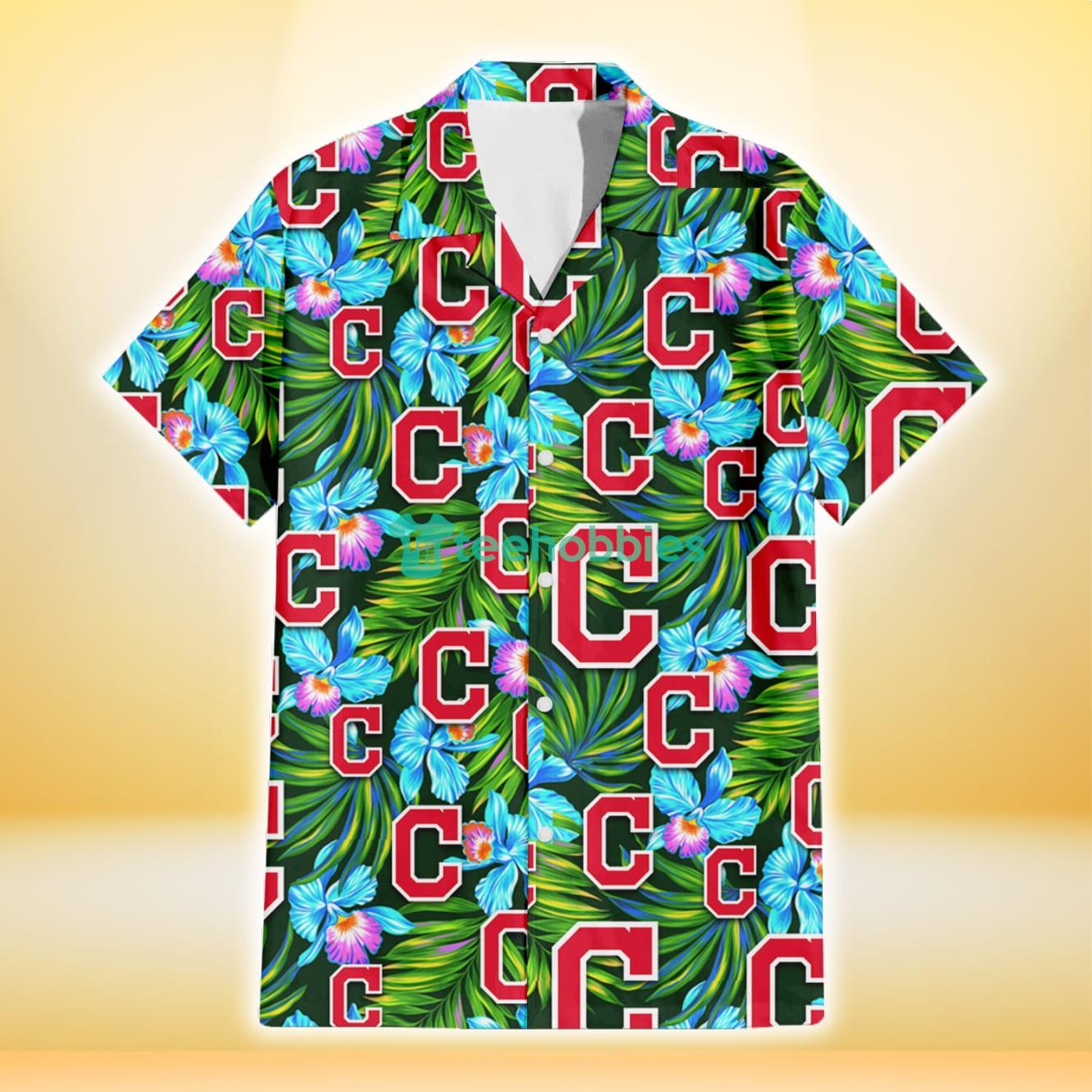 Cleveland Indians Electro Color Hibiscus Black Background 3D Hawaiian Shirt Gift For Fans Product Photo 2