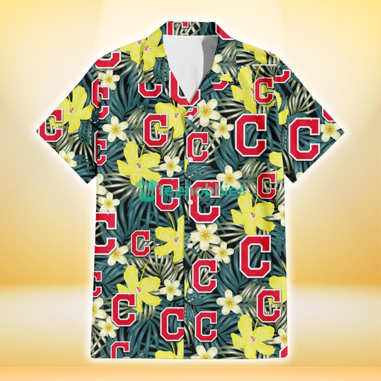 Cleveland Indians Hibiscus Green Palm Leaf Black Background 3D Hawaiian Shirt Gift For Fans Product Photo 2