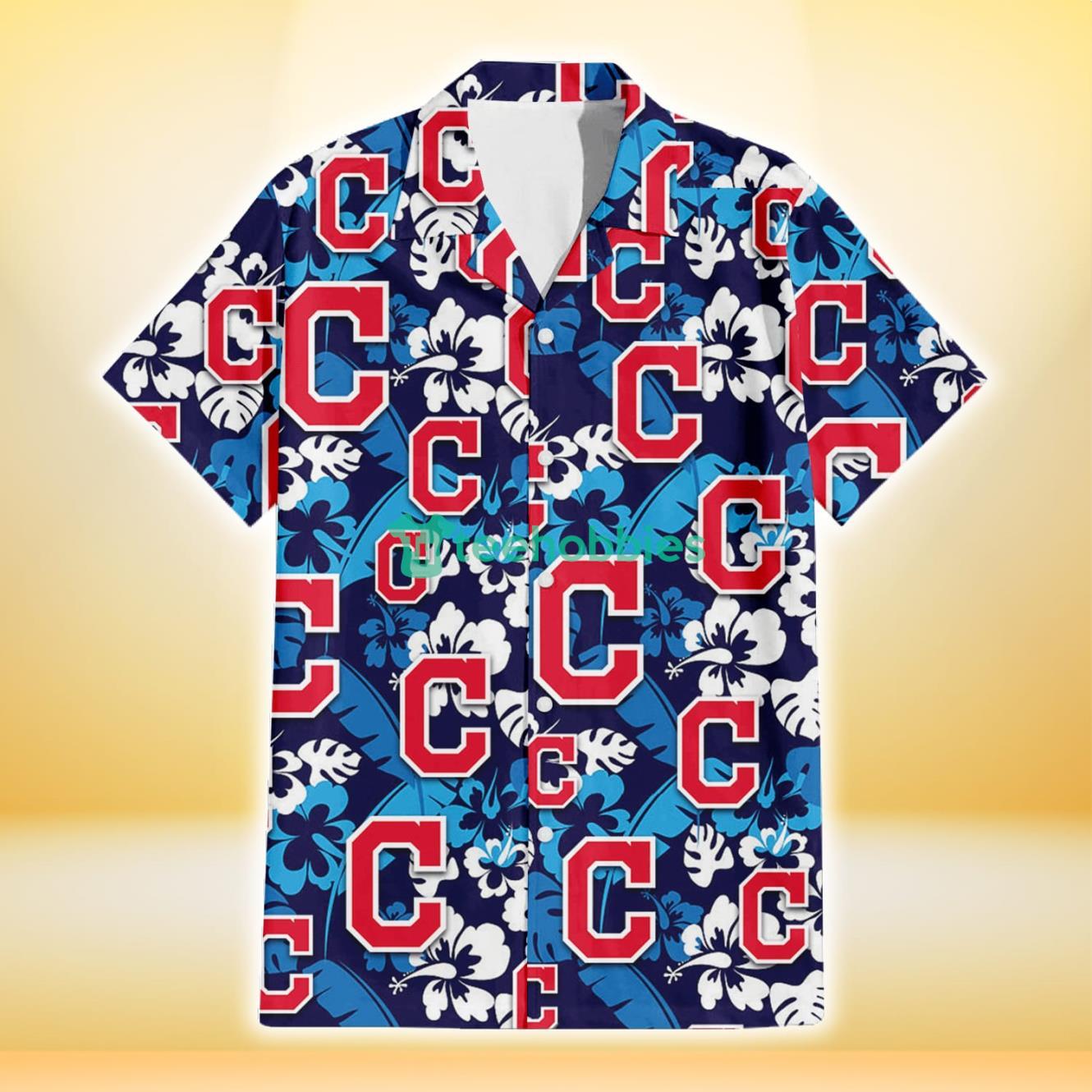 Cleveland Indians Light Blue Hibiscus Banana Leaf Navy Background 3D Hawaiian Shirt Gift For Fans Product Photo 2