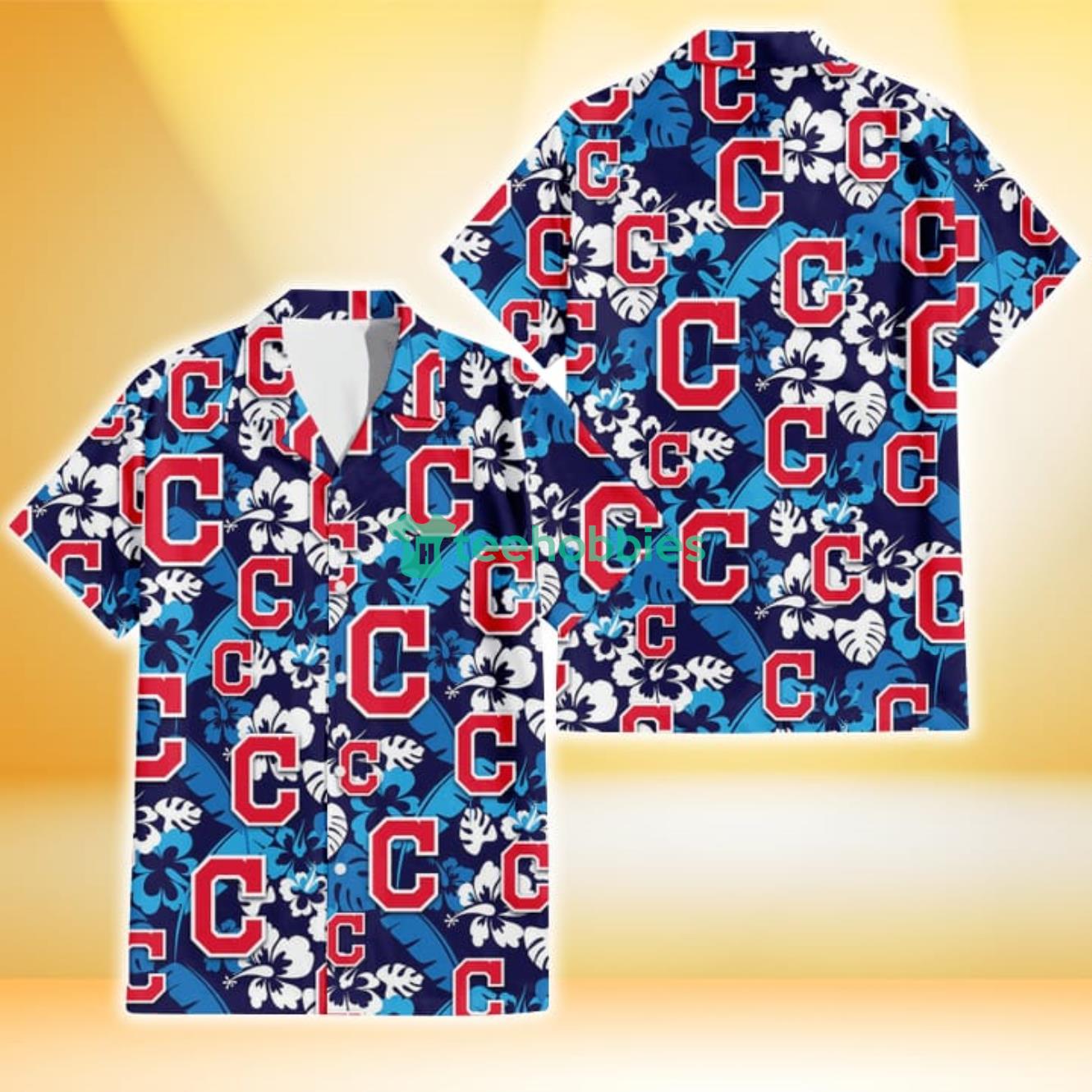Cleveland Indians Light Blue Hibiscus Banana Leaf Navy Background 3D Hawaiian Shirt Gift For Fans Product Photo 1