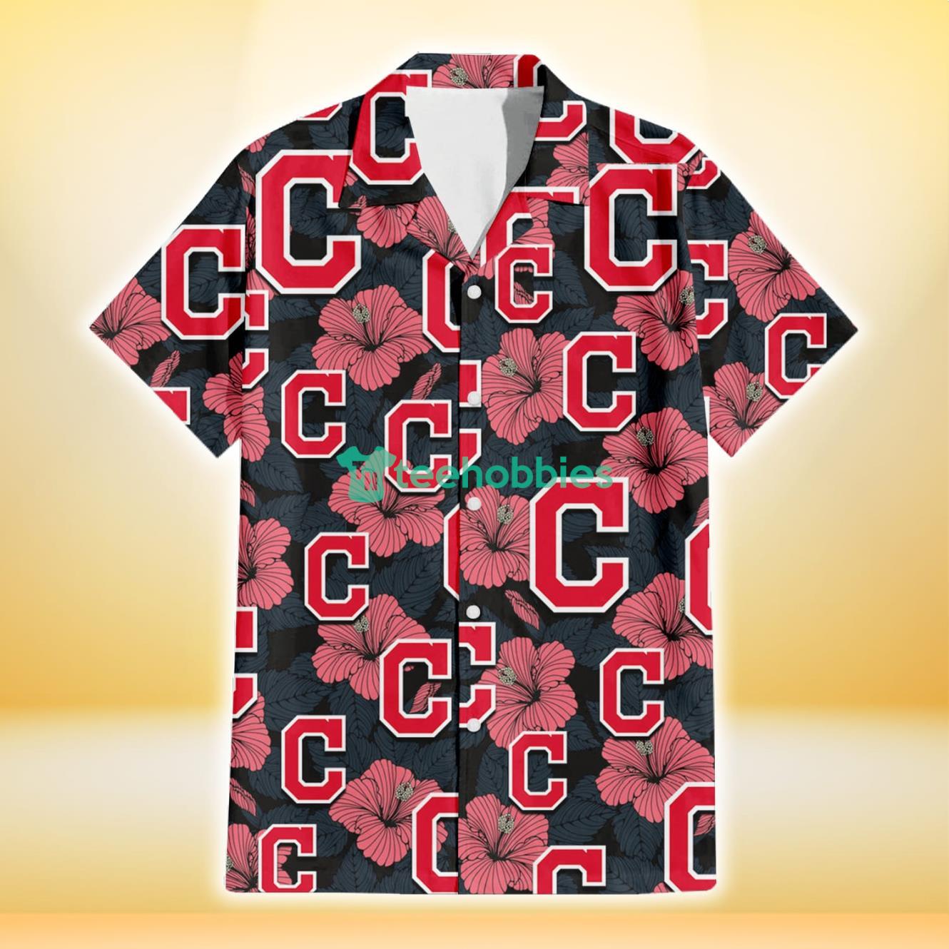 Cleveland Indians Light Coral Hibiscus Gray Leaf Black Background 3D Hawaiian Shirt Gift For Fans Product Photo 2