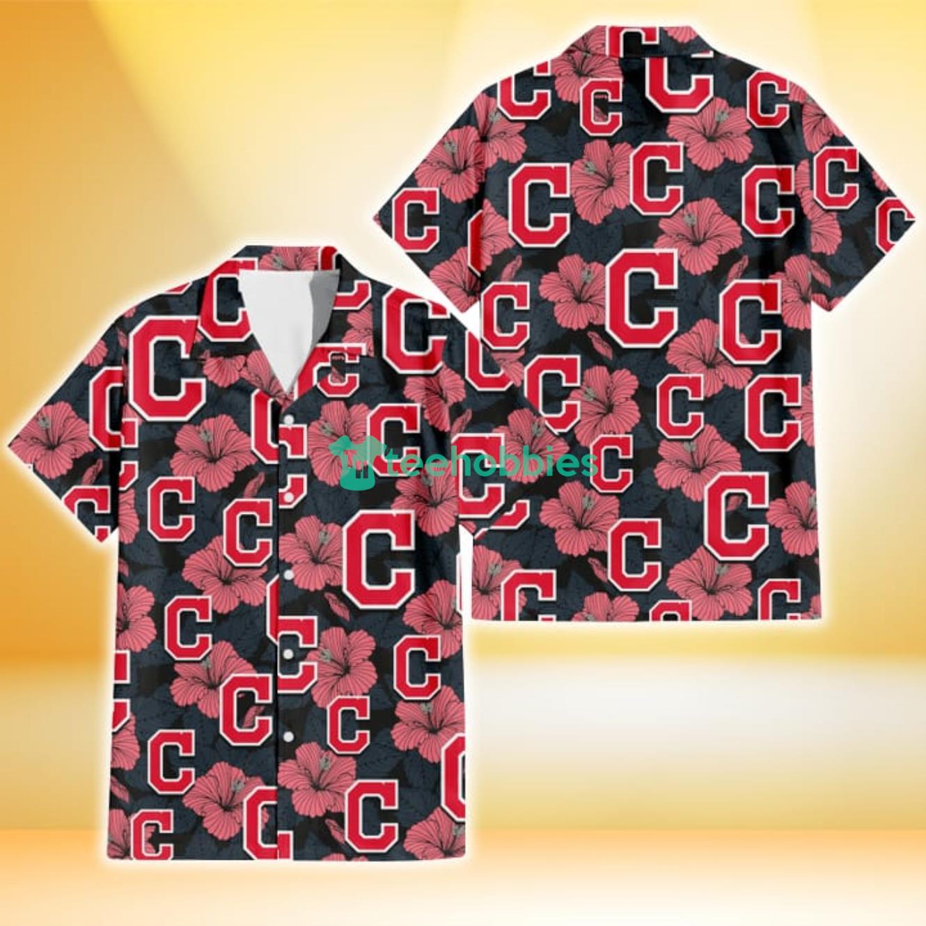 Cleveland Indians Light Coral Hibiscus Gray Leaf Black Background 3D Hawaiian Shirt Gift For Fans Product Photo 1