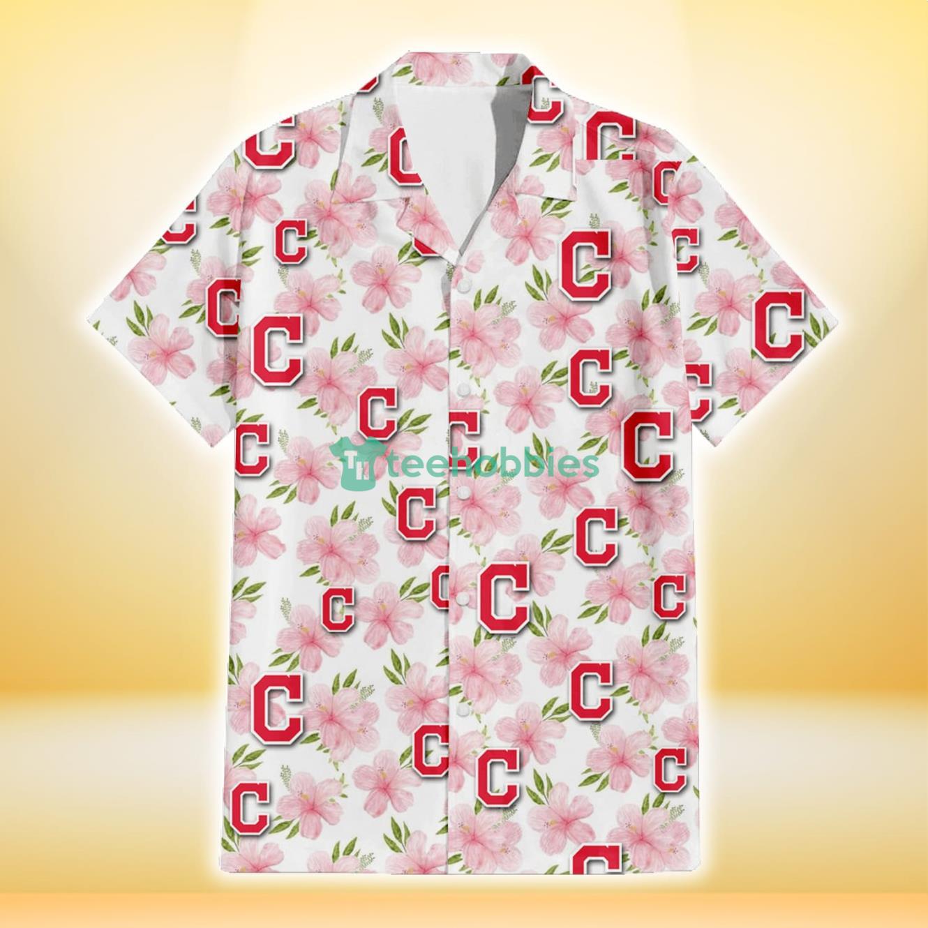 Cleveland Indians Light Pink Hibiscus White Background 3D Hawaiian Shirt Gift For Fans Product Photo 2