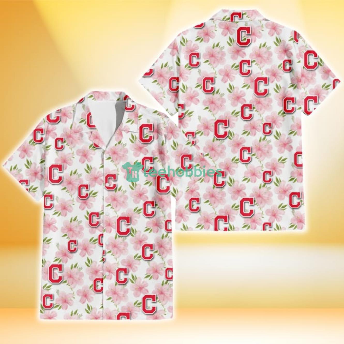 Cleveland Indians Light Pink Hibiscus White Background 3D Hawaiian Shirt Gift For Fans Product Photo 1