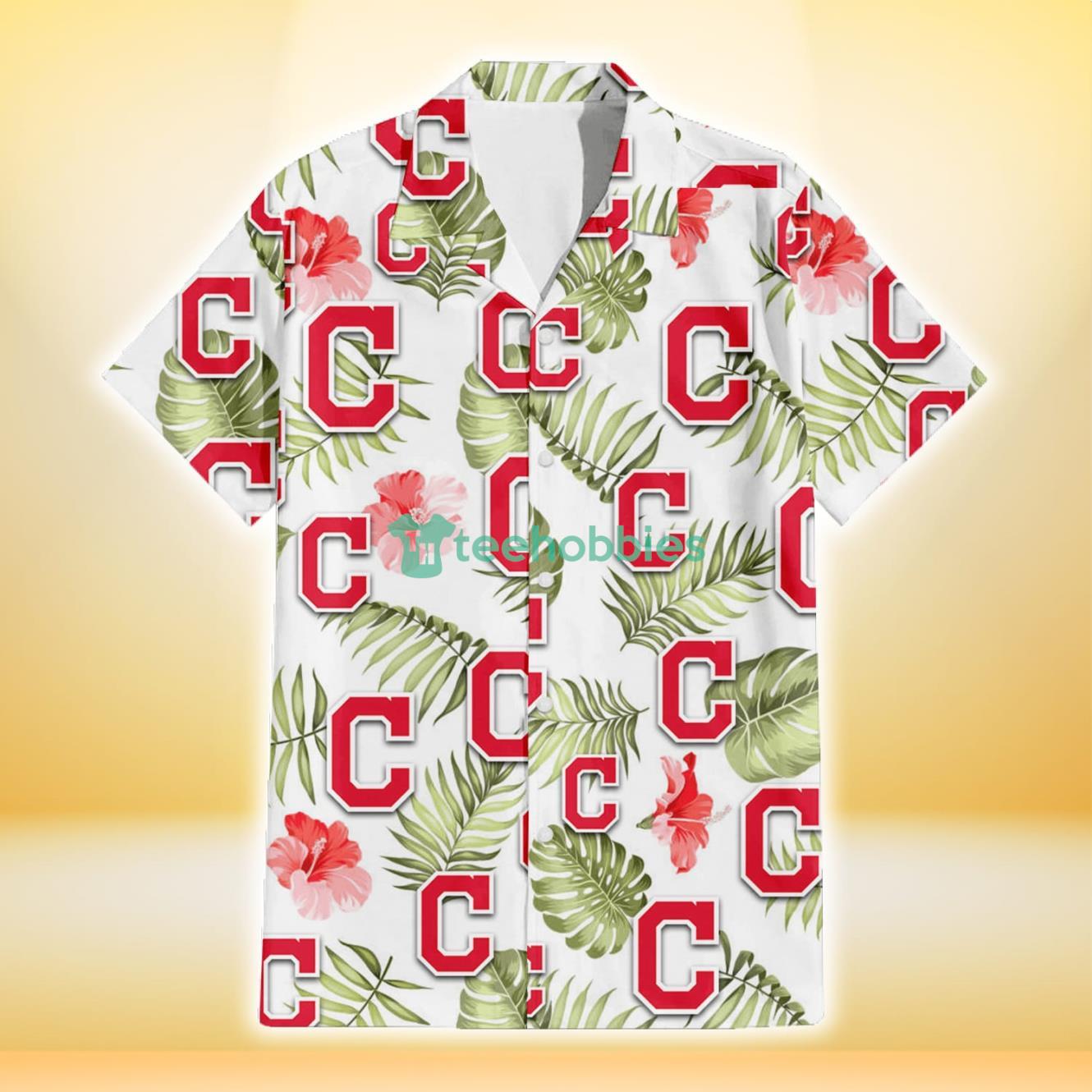 Cleveland Indians Light Salmon Hibiscus Green Leaf White Background 3D Hawaiian Shirt Gift For Fans Product Photo 2