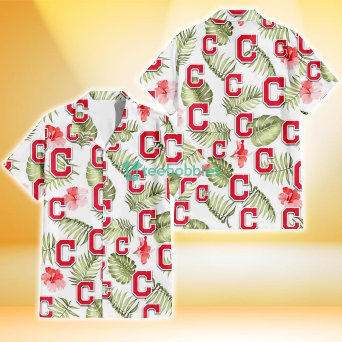 Cleveland Indians Light Salmon Hibiscus Green Leaf White Background 3D Hawaiian Shirt Gift For Fans Product Photo 1