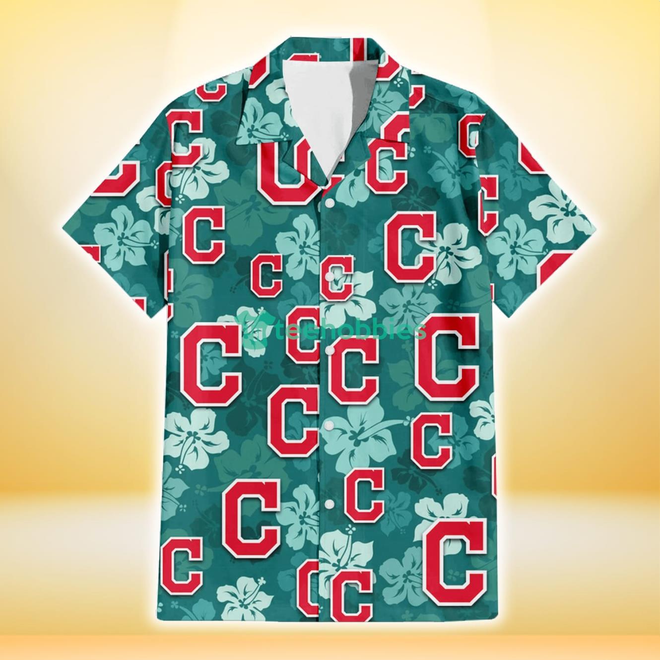 Cleveland Indians Light Sea Green Hibiscus Green Background 3D Hawaiian Shirt Gift For Fans Product Photo 2