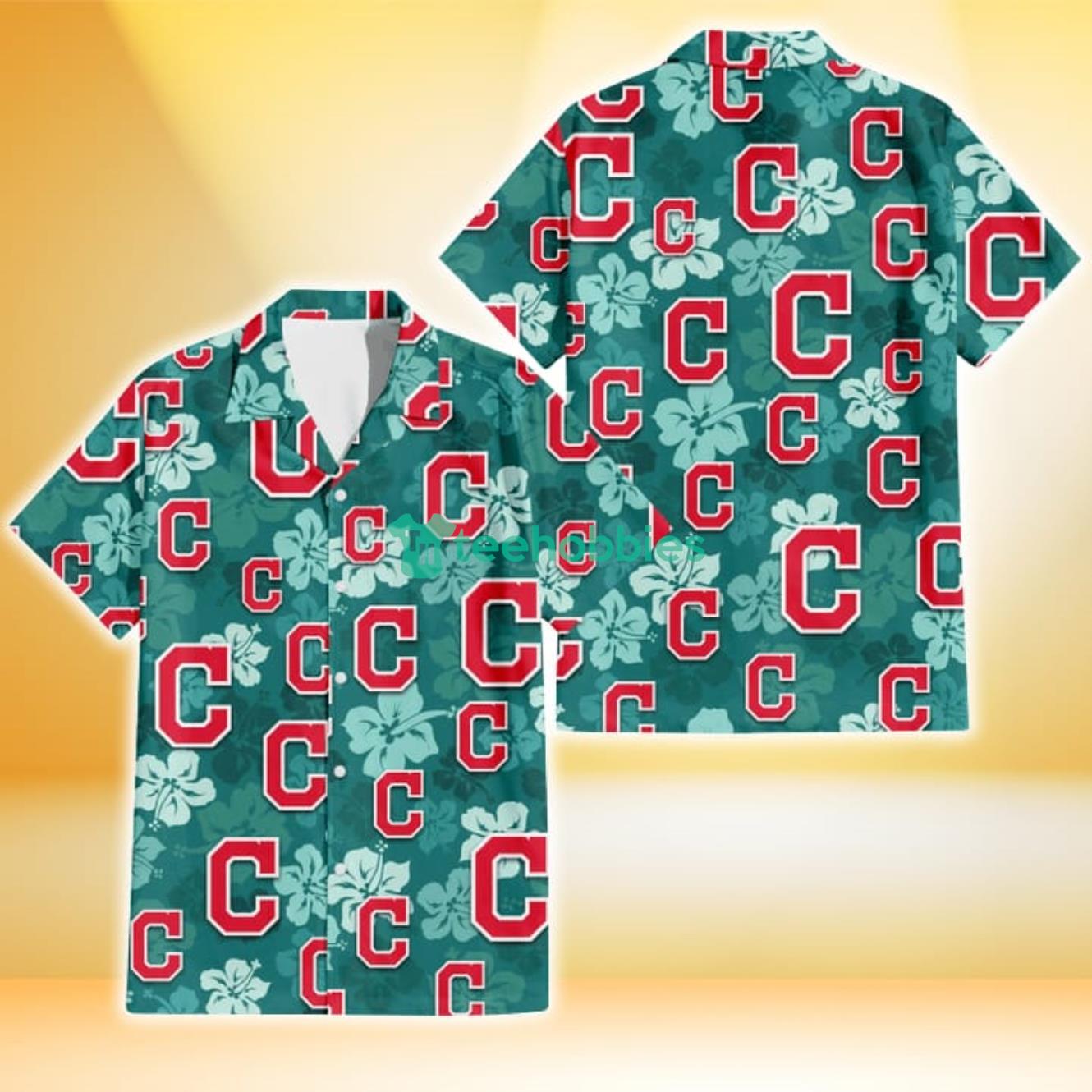 Cleveland Indians Light Sea Green Hibiscus Green Background 3D Hawaiian Shirt Gift For Fans Product Photo 1