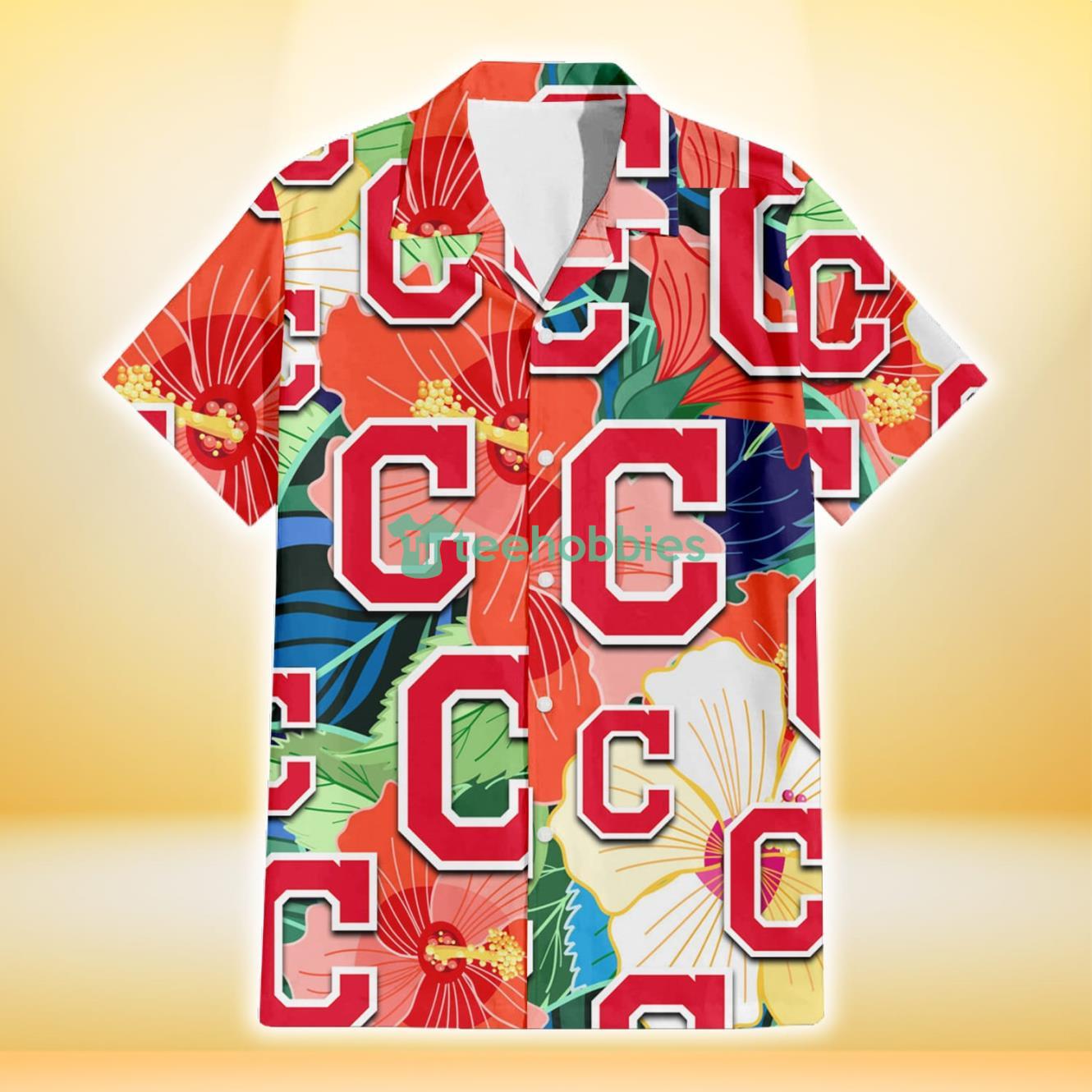 Cleveland Indians Orange White Tropical Hibiscus Green Leaf 3D Hawaiian Shirt Gift For Fans Product Photo 2