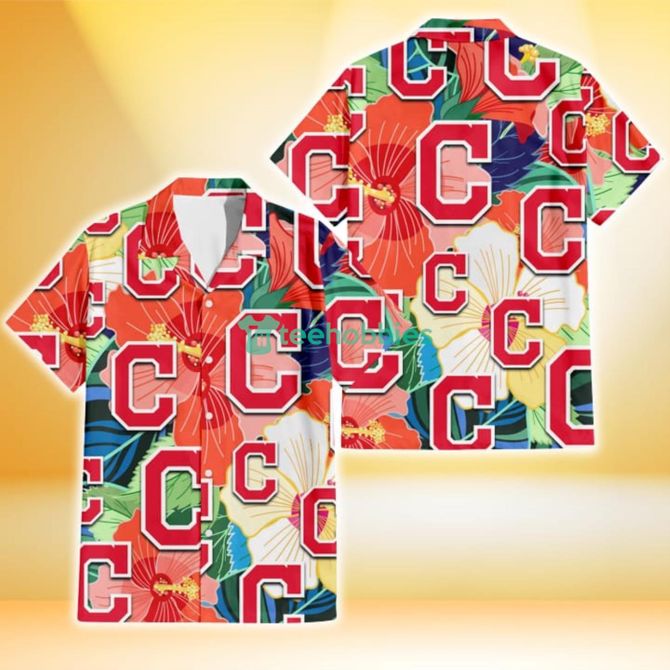 Cleveland Indians Orange White Tropical Hibiscus Green Leaf 3D Hawaiian Shirt Gift For Fans Product Photo 1