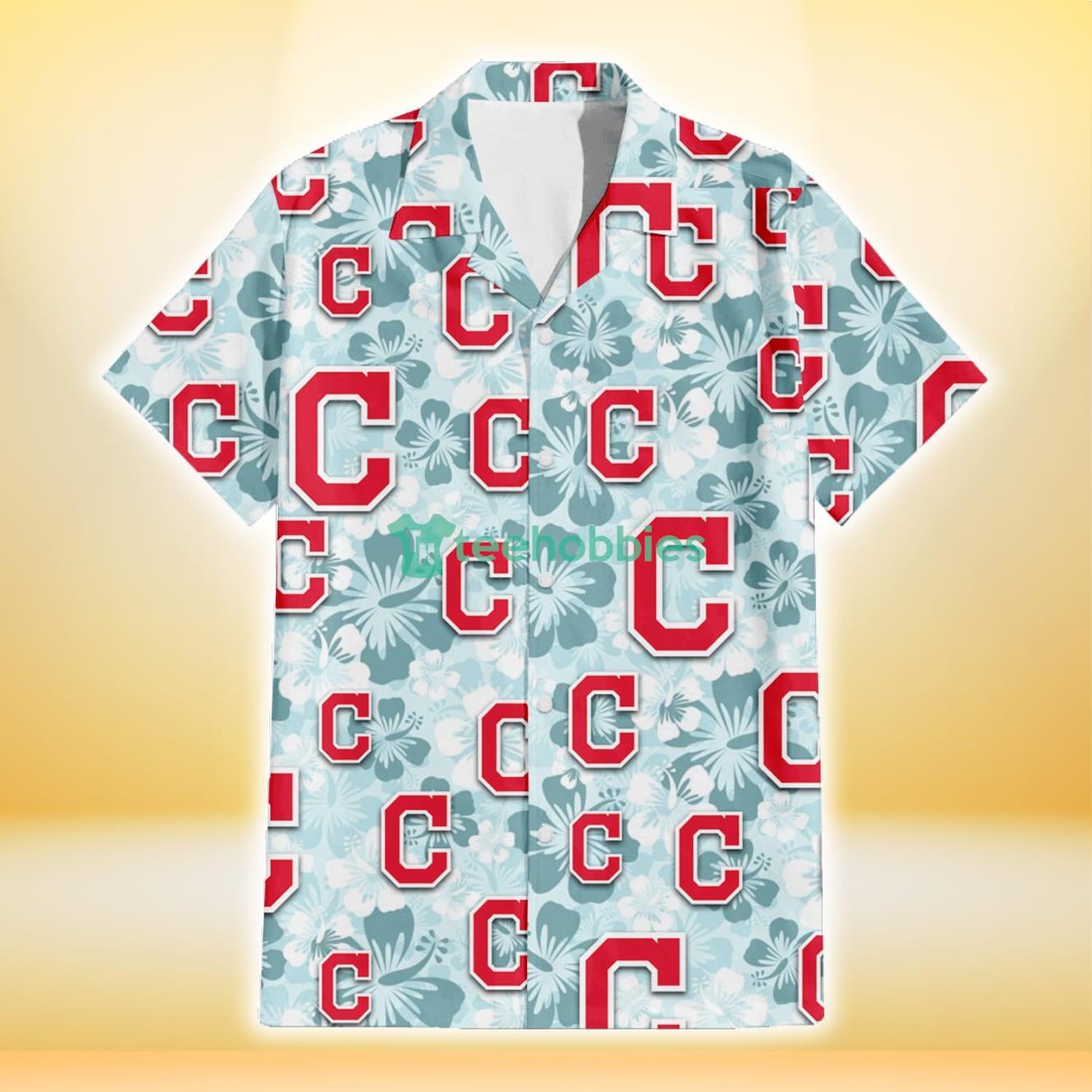 Cleveland Indians Pale Turquoise Hibiscus Light Cyan Background 3D Hawaiian Shirt Gift For Fans Product Photo 2