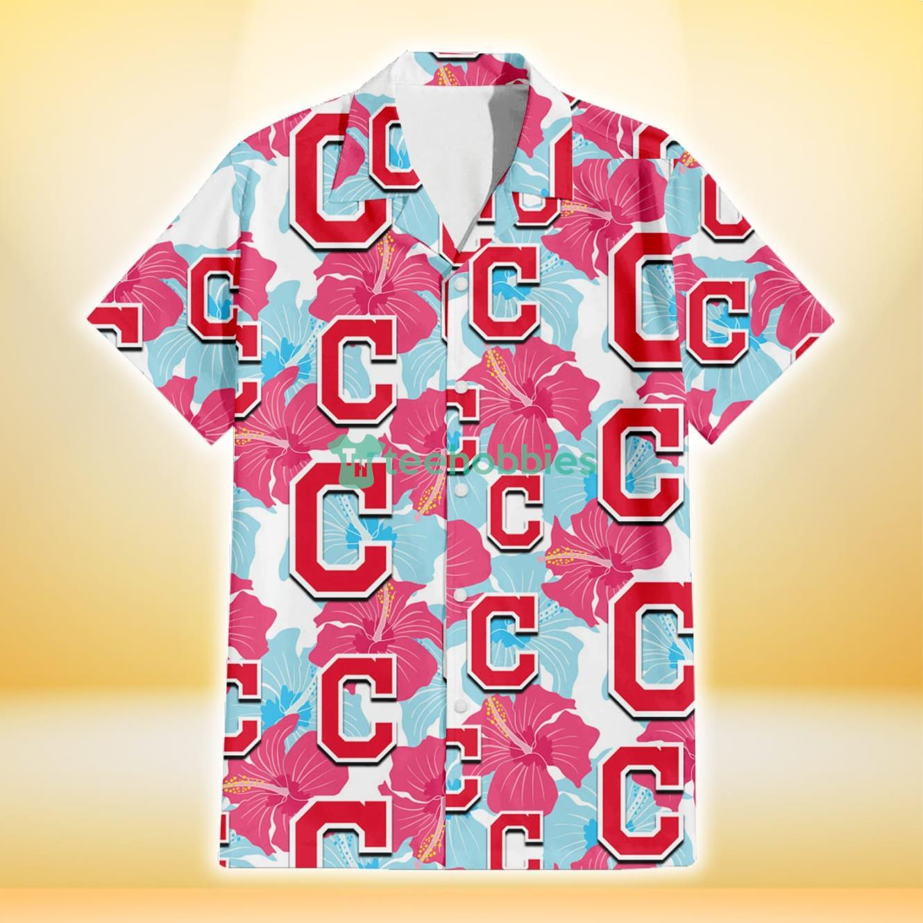 Cleveland Indians Pink Blue Hibiscus White Background 3D Hawaiian Shirt Gift For Fans Product Photo 2