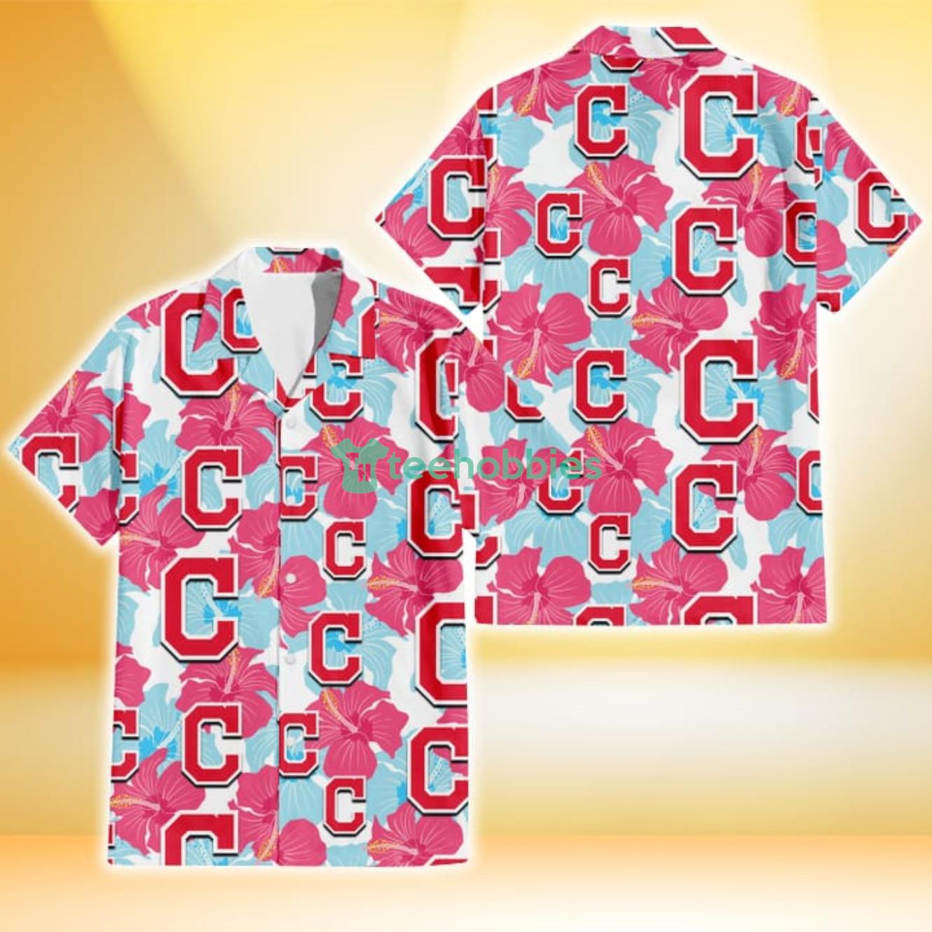 Cleveland Indians Pink Blue Hibiscus White Background 3D Hawaiian Shirt Gift For Fans Product Photo 1
