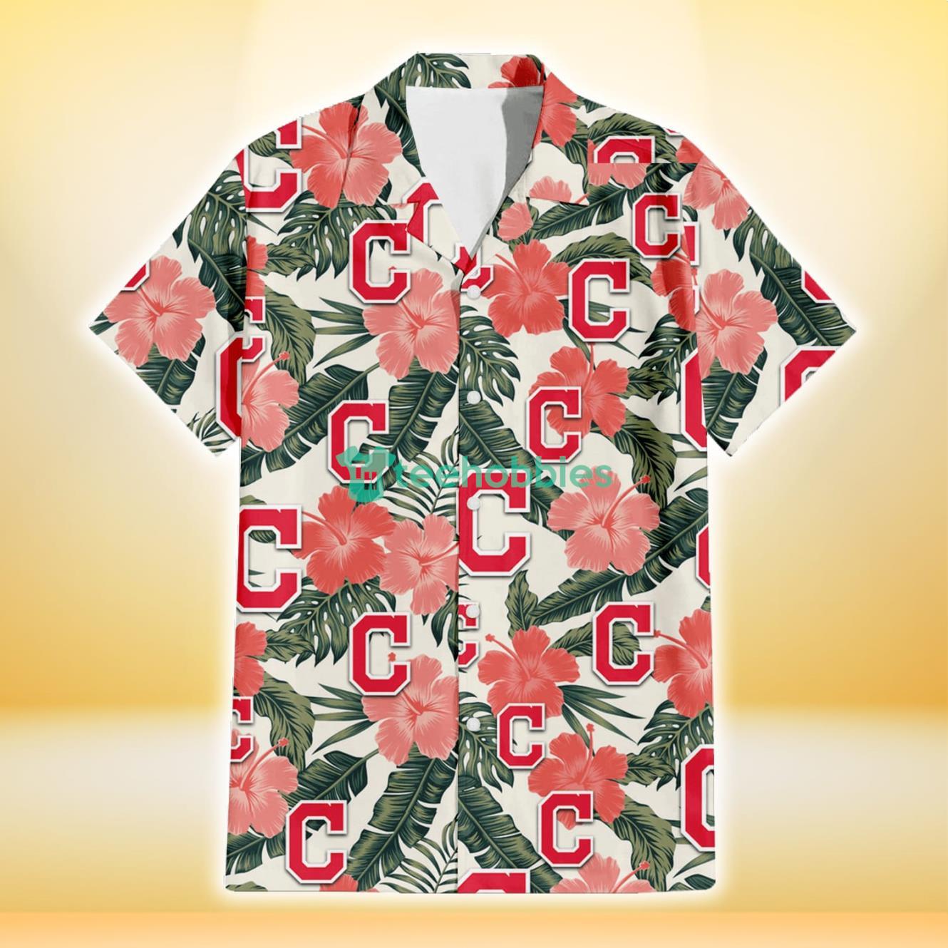 Cleveland Indians Pink Coral Hibiscus Banana Leaf Beige Background 3D Hawaiian Shirt Gift For Fans Product Photo 2