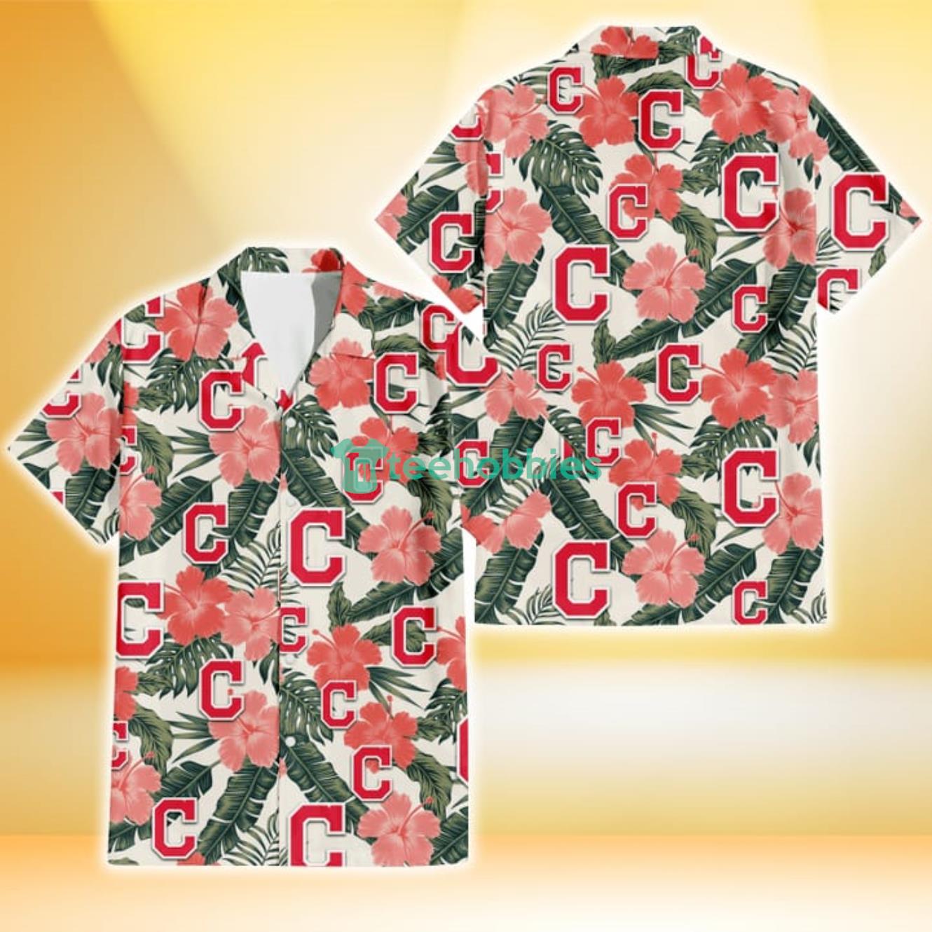 Cleveland Indians Pink Coral Hibiscus Banana Leaf Beige Background 3D Hawaiian Shirt Gift For Fans Product Photo 1