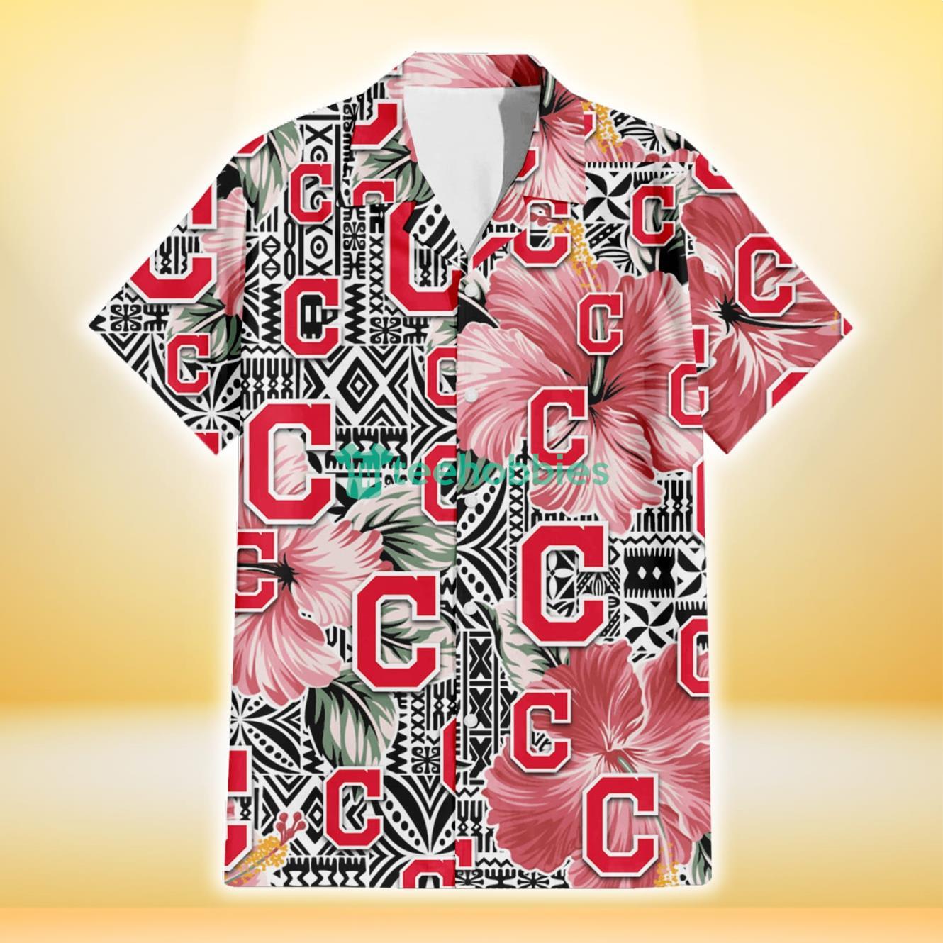 Cleveland Indians Pink Hibiscus Black Pattern White Background 3D Hawaiian Shirt Gift For Fans Product Photo 2