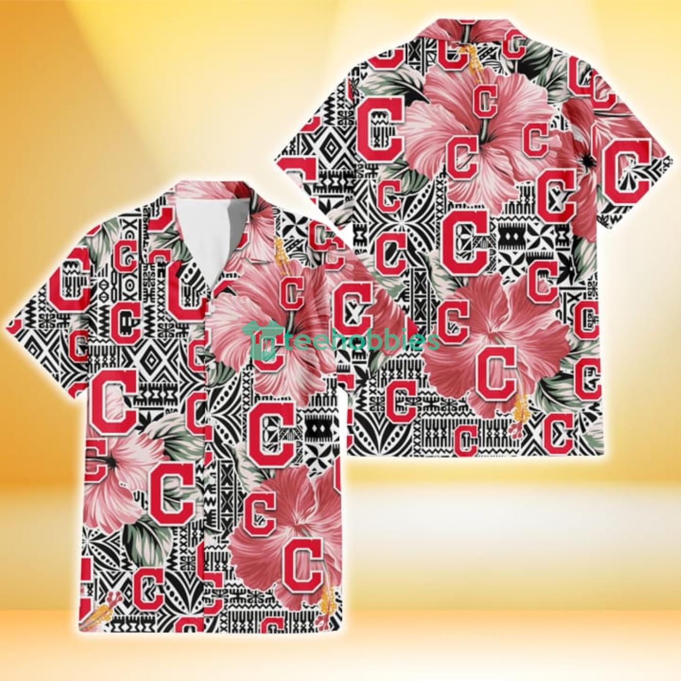 Cleveland Indians Pink Hibiscus Black Pattern White Background 3D Hawaiian Shirt Gift For Fans Product Photo 1