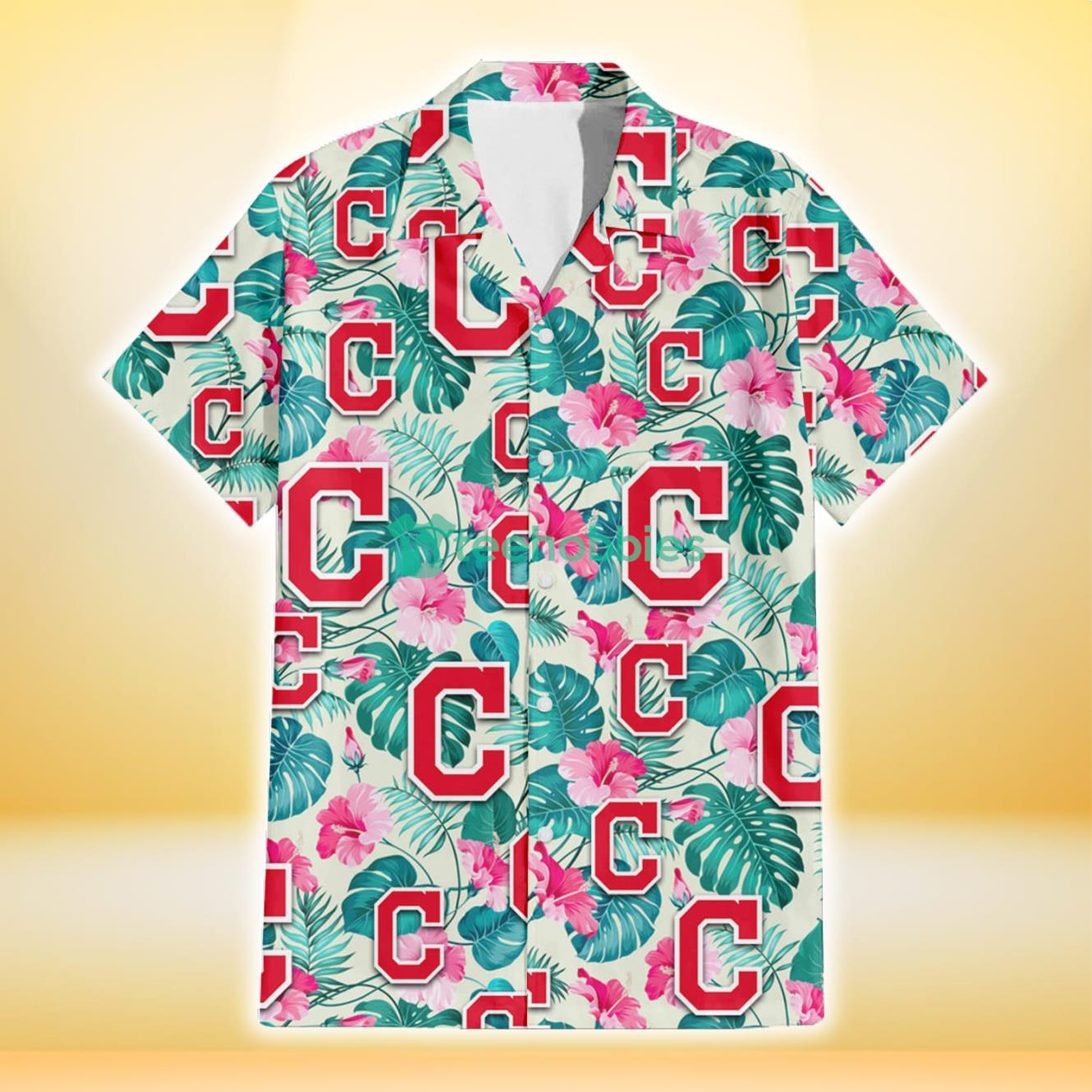 Cleveland Indians Pink Hibiscus Green Leaf Beige Background 3D Hawaiian Shirt Gift For Fans Product Photo 2