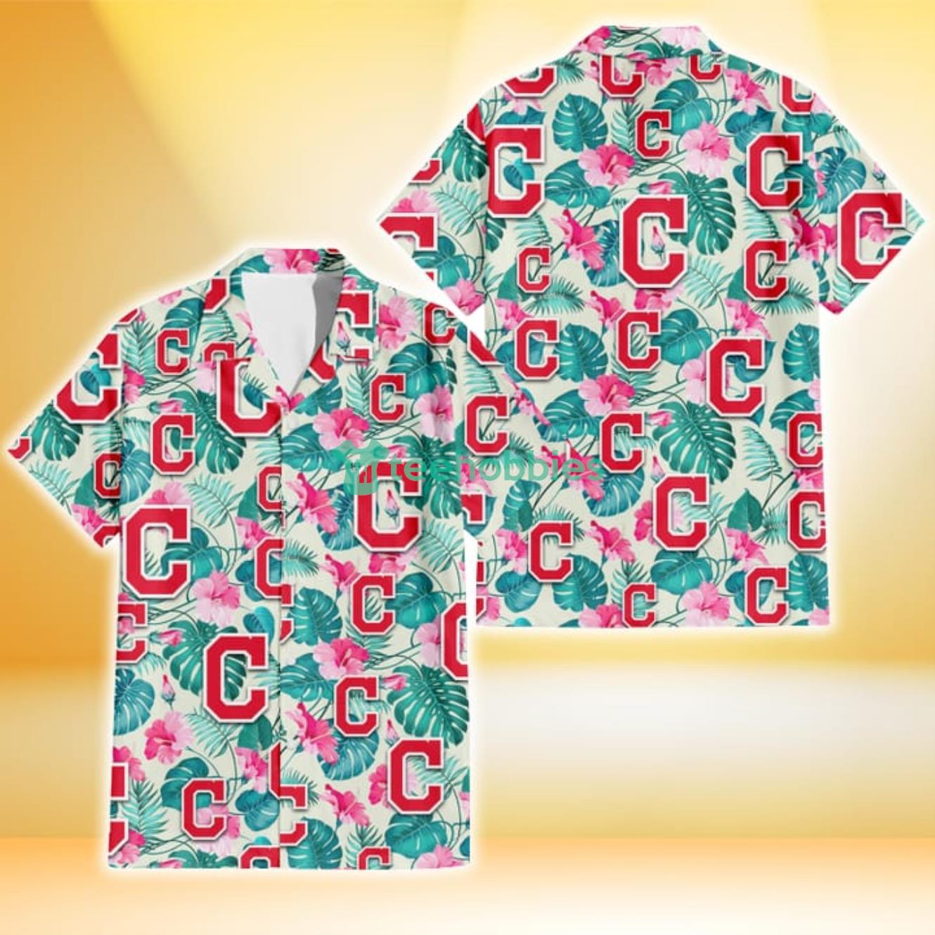 Cleveland Indians Pink Hibiscus Green Leaf Beige Background 3D Hawaiian Shirt Gift For Fans Product Photo 1