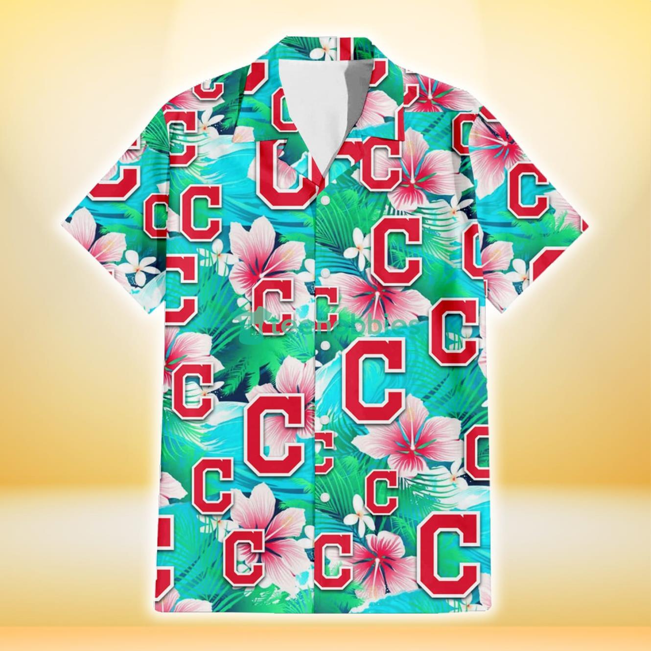 Cleveland Indians Pink Hibiscus Green Leaf Blue Background 3D Hawaiian Shirt Gift For Fans Product Photo 2