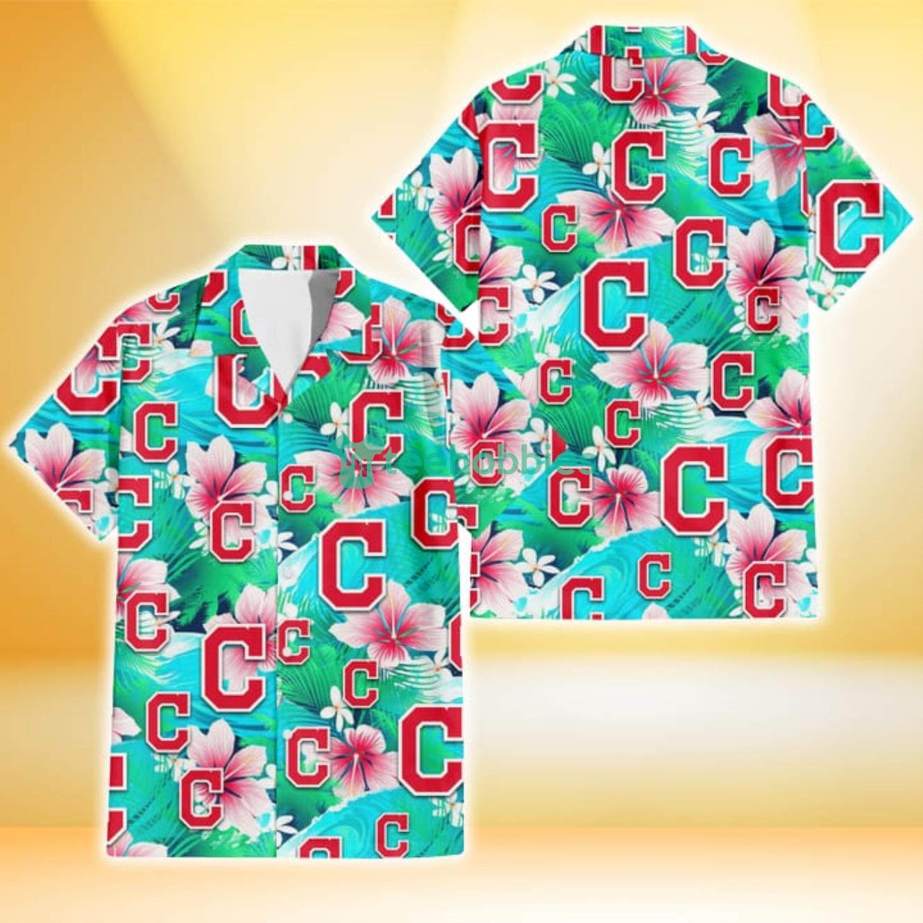 Cleveland Indians Pink Hibiscus Green Leaf Blue Background 3D Hawaiian Shirt Gift For Fans Product Photo 1