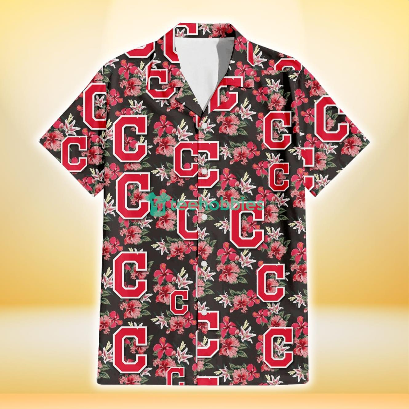 Cleveland Indians Pink Hibiscus Orchid Brown Background 3D Hawaiian Shirt Gift For Fans Product Photo 2