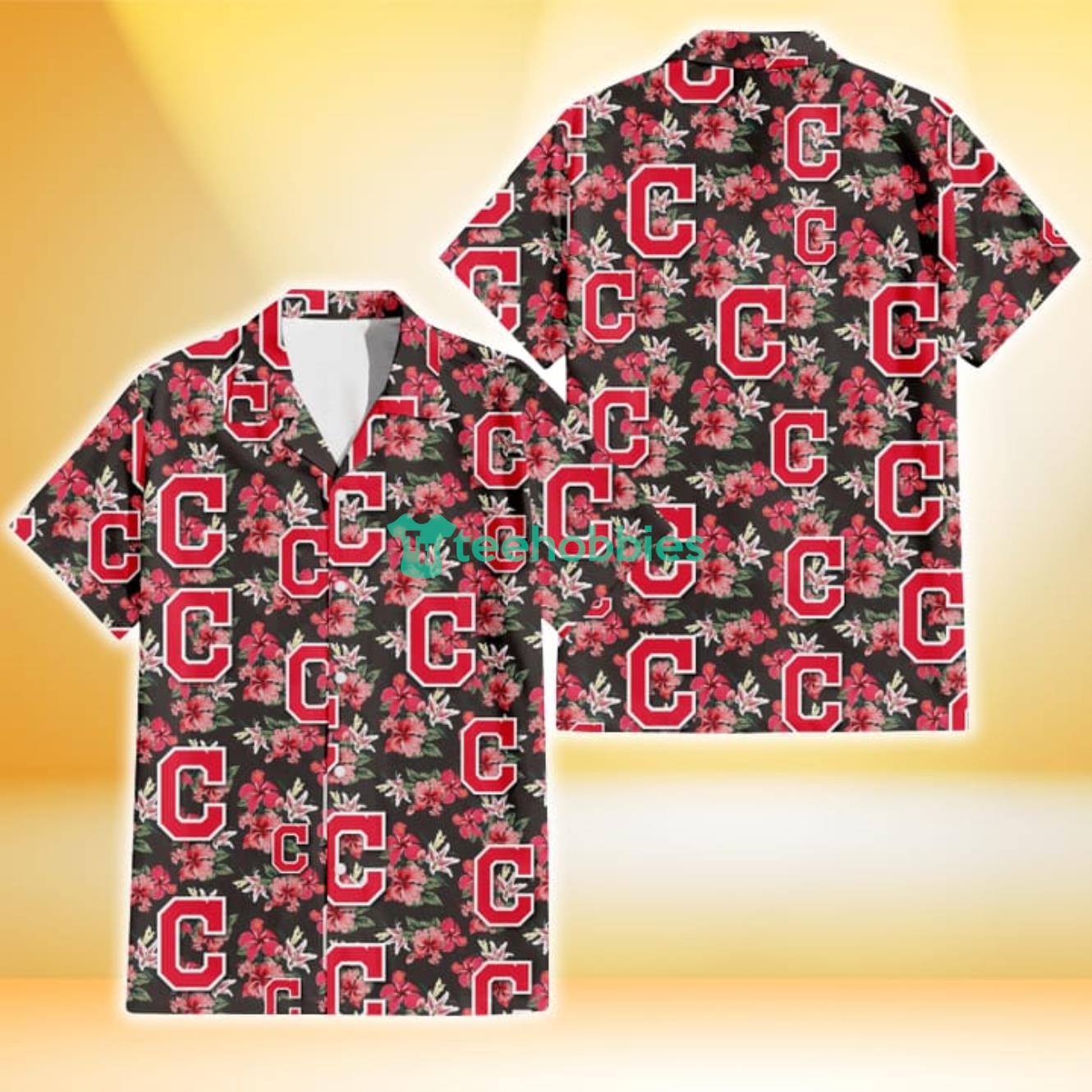 Cleveland Indians Pink Hibiscus Orchid Brown Background 3D Hawaiian Shirt Gift For Fans Product Photo 1