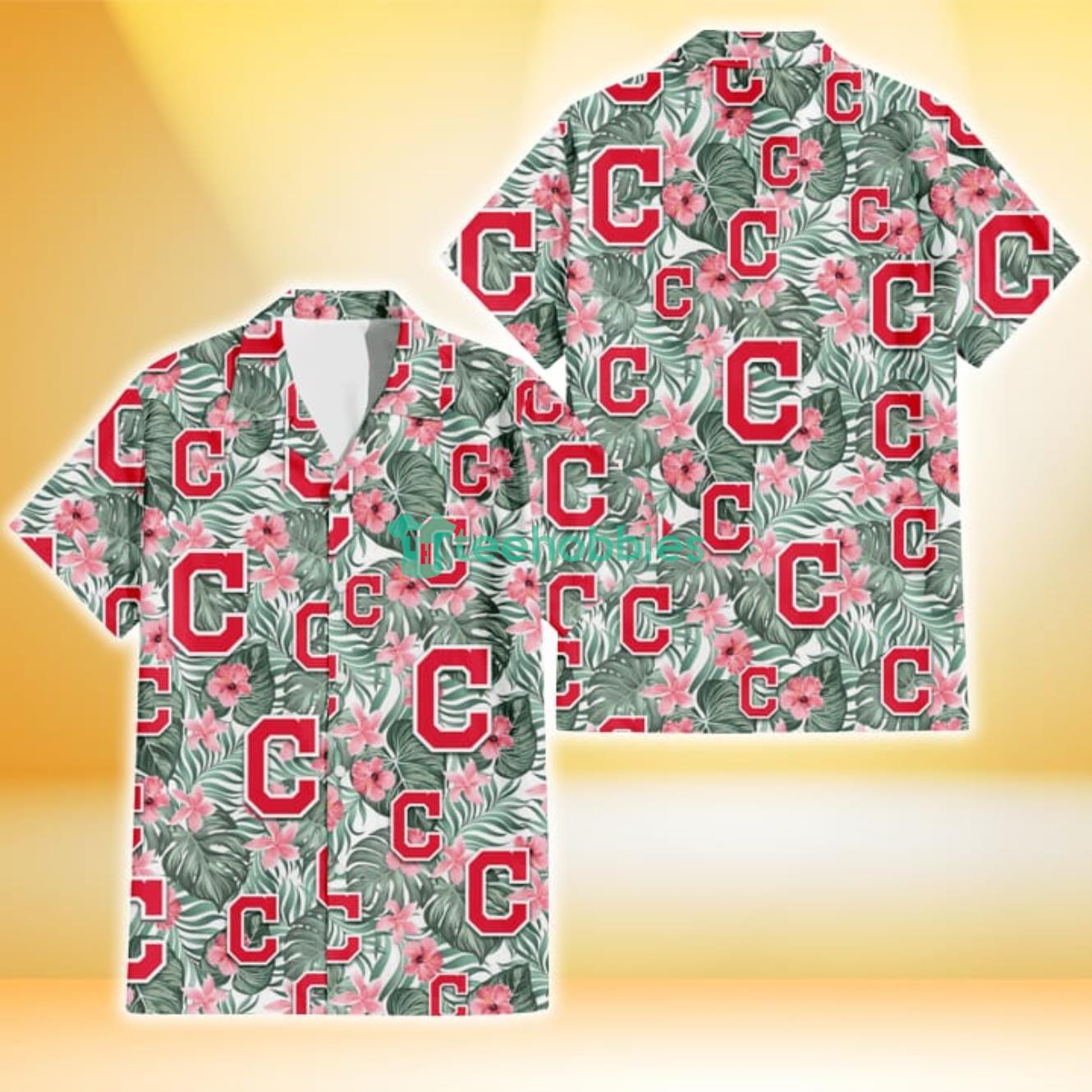 Cleveland Indians Pink Hibiscus Porcelain Flower Tropical Leaf White Background 3D Hawaiian Shirt Gift For Fans Product Photo 1
