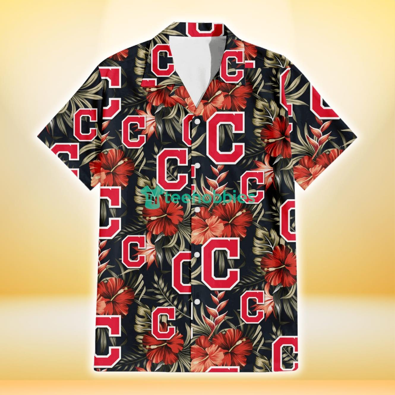 Cleveland Indians Red Hibiscus Green Leaf Dark Background 3D Hawaiian Shirt Gift For Fans Product Photo 2