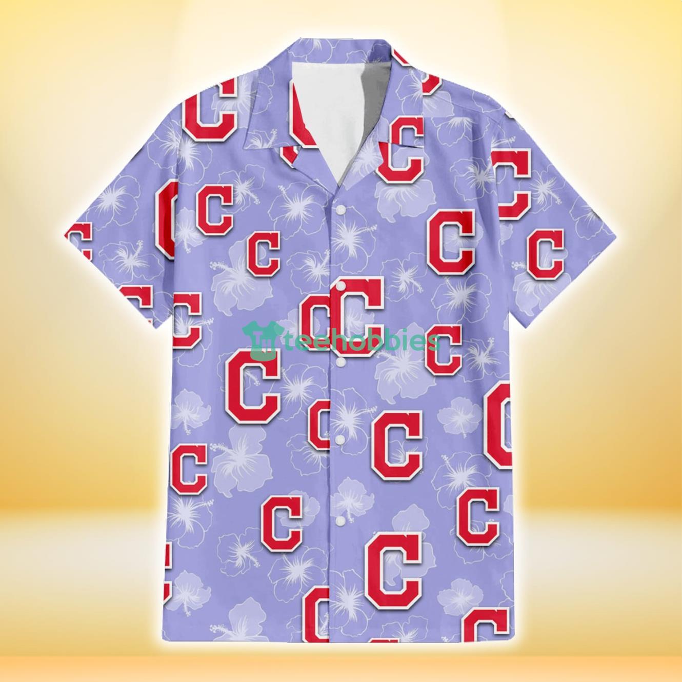 Cleveland Indians Sketch White Hibiscus Violet Background 3D Hawaiian Shirt Gift For Fans Product Photo 2