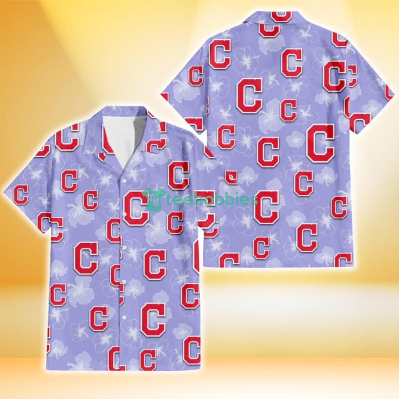 Cleveland Indians Sketch White Hibiscus Violet Background 3D Hawaiian Shirt Gift For Fans Product Photo 1