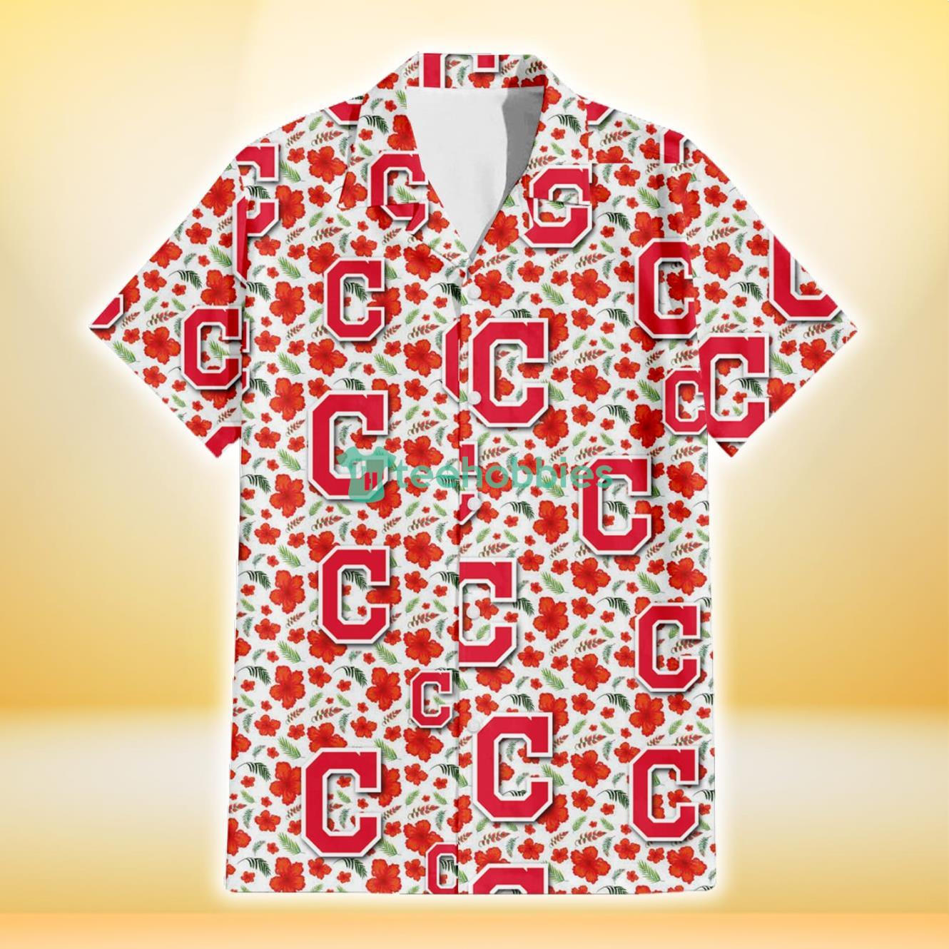 Cleveland Indians Tiny Red Hibiscus Green Leaf White Cube Background 3D Hawaiian Shirt Gift For Fans Product Photo 2