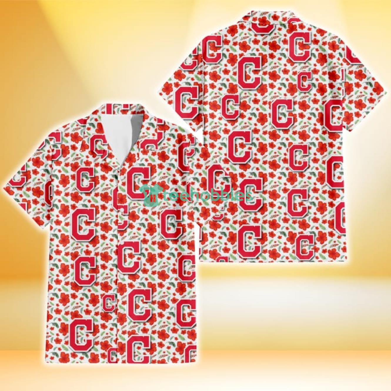Cleveland Indians Tiny Red Hibiscus Green Leaf White Cube Background 3D Hawaiian Shirt Gift For Fans Product Photo 1