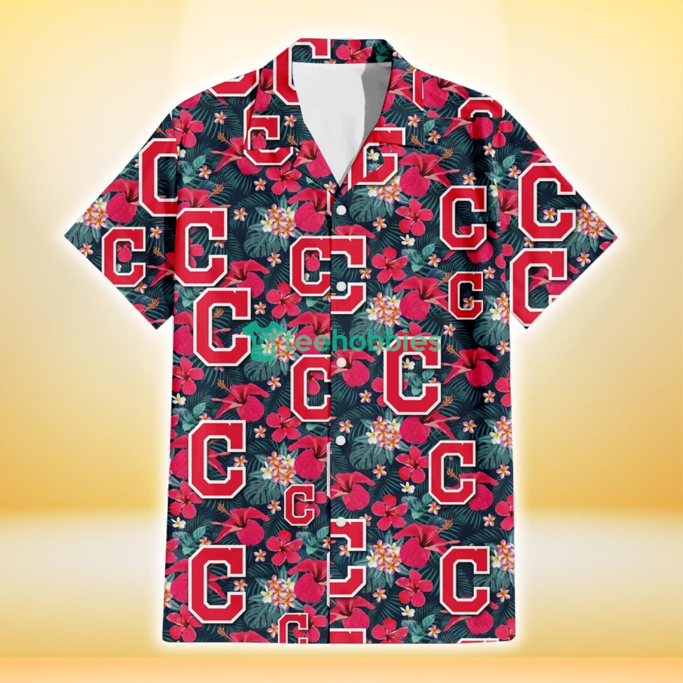 Cleveland Indians Tiny Red Hibiscus White Porcelain Flower Black Background 3D Hawaiian Shirt Gift For Fans Product Photo 2