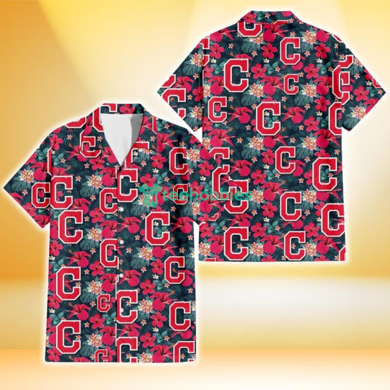 Cleveland Indians Tiny Red Hibiscus White Porcelain Flower Black Background 3D Hawaiian Shirt Gift For Fans Product Photo 1