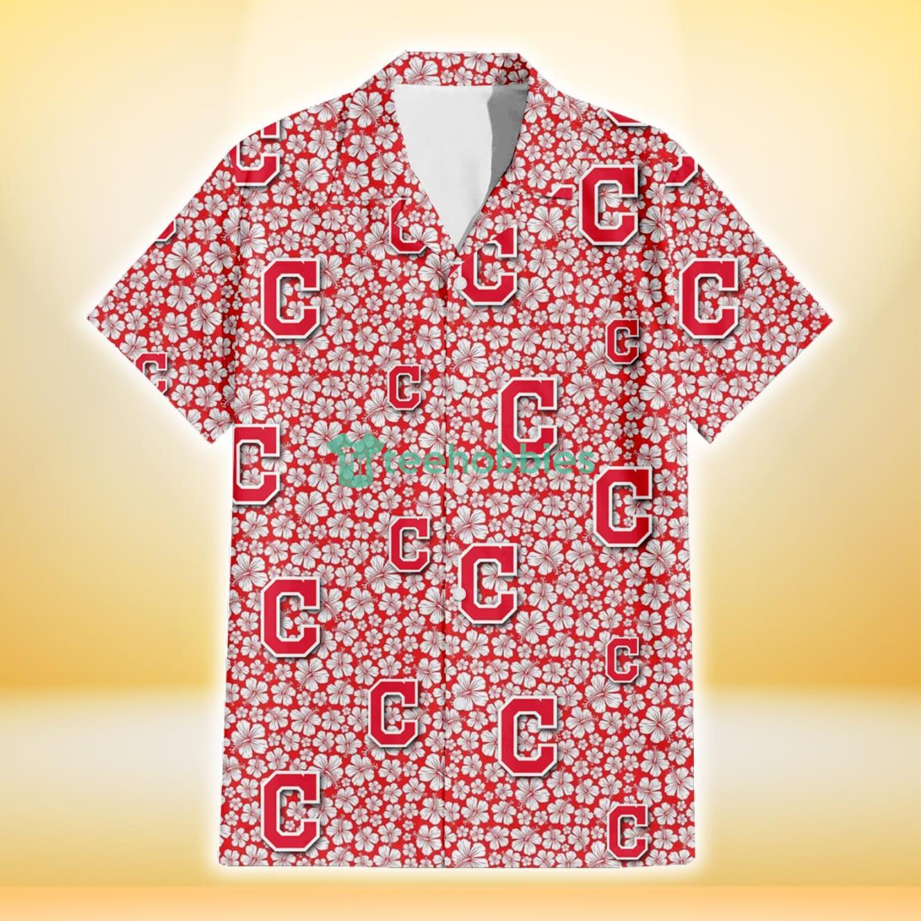 Cleveland Indians Tiny White Hibiscus Pattern Red Background 3D Hawaiian Shirt Gift For Fans Product Photo 2