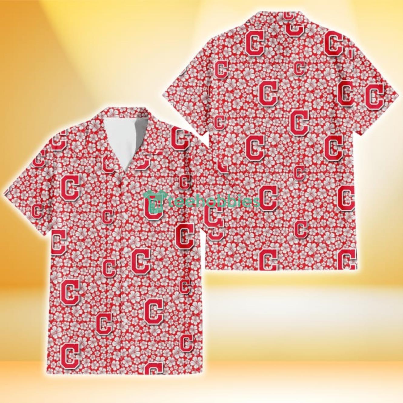 Cleveland Indians Tiny White Hibiscus Pattern Red Background 3D Hawaiian Shirt Gift For Fans Product Photo 1